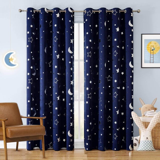 Zasłony zaciemniające w kolorze granatowym z wzorem gwiazdek - 2 panele 100x130 cm, z wbudowaną izolacją termiczną