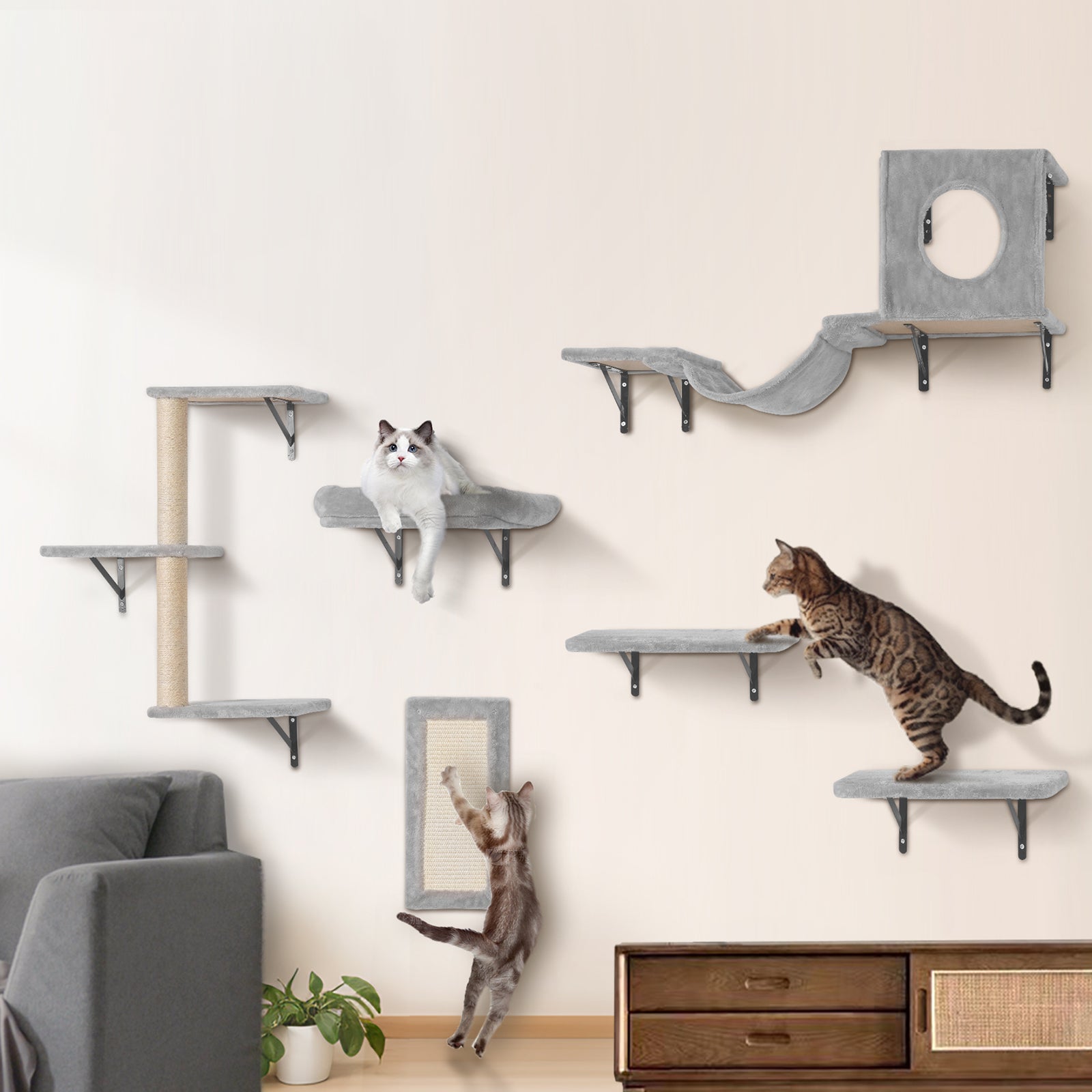 Soporte de pared para gatos,juego de VEVOR 6,juego de muebles de pared,plataforma de salto,hamaca para sofá,40 libras para dormir,jugar,escalar - 8