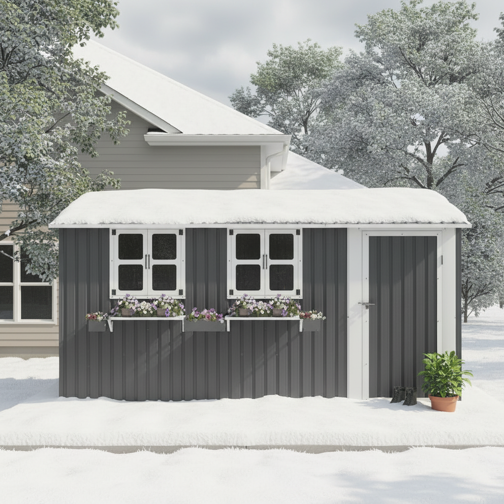 Cobertizo de jardín metálico (359,4x284,2 cm),Caseta jardín para exteriores 10,21 m²,con 3 ventanas,puerta con cerradura y spuesto flores,Gris - 4