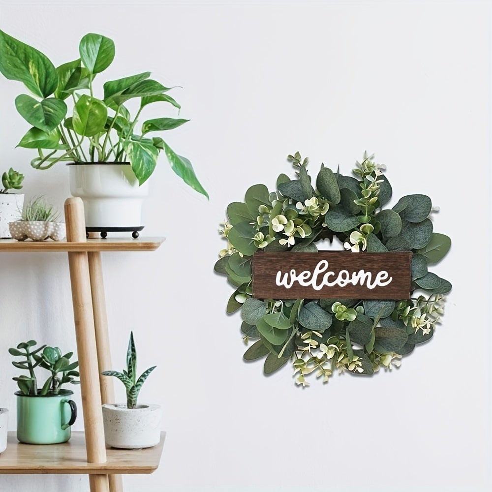 Couronne d'eucalyptus de bienvenue, couronne de fleurs artificielles en feuilles d'eucalyptus, porte d'entrée, fenêtre, décoration de jardin - 6