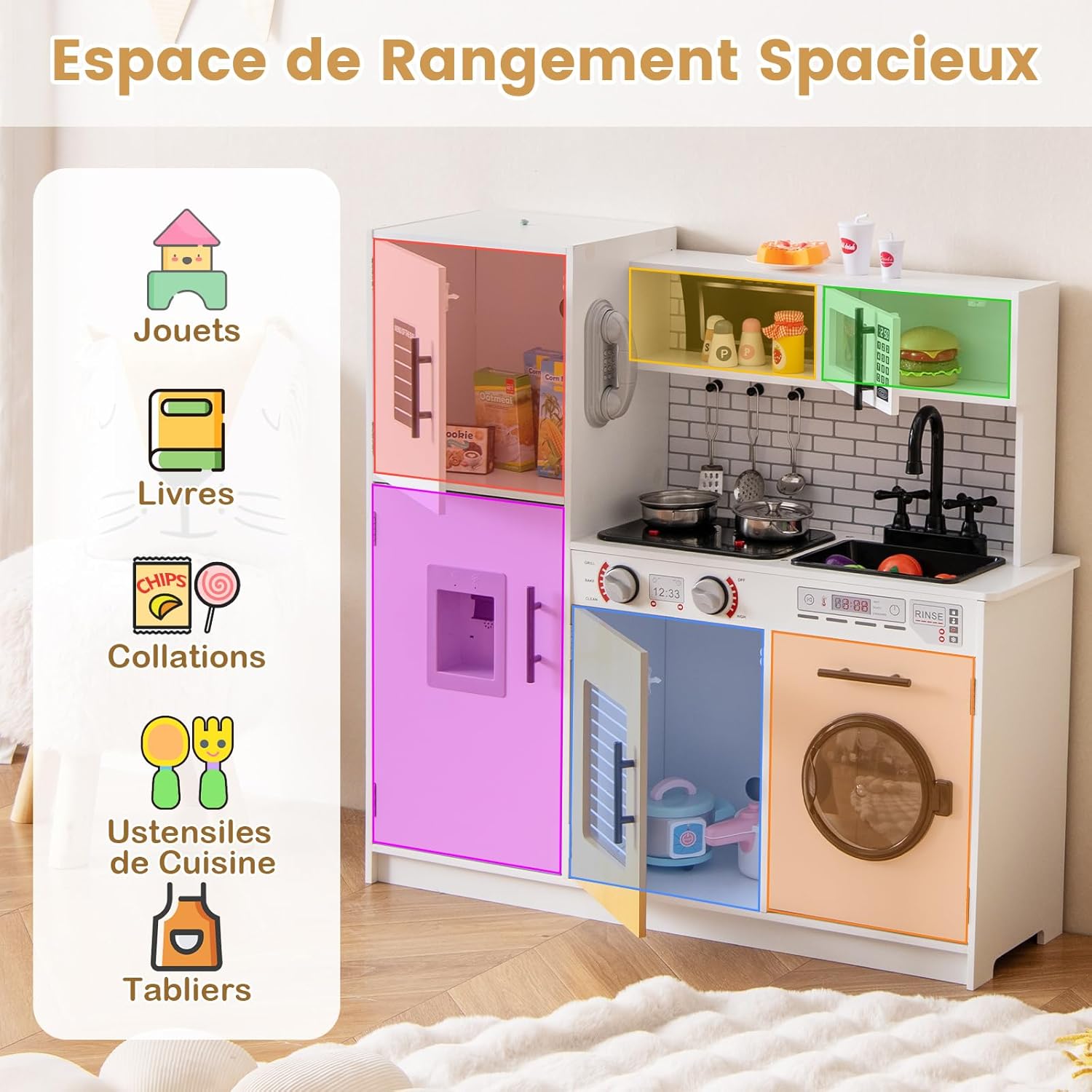 Cuisine Enfant avec Effets Sonores et Lumières, Jeu de Cuisine Enfant avec Machine à Laver & Micro-Ondes, Distributeur d'eau & Téléphone, Blanc - 4