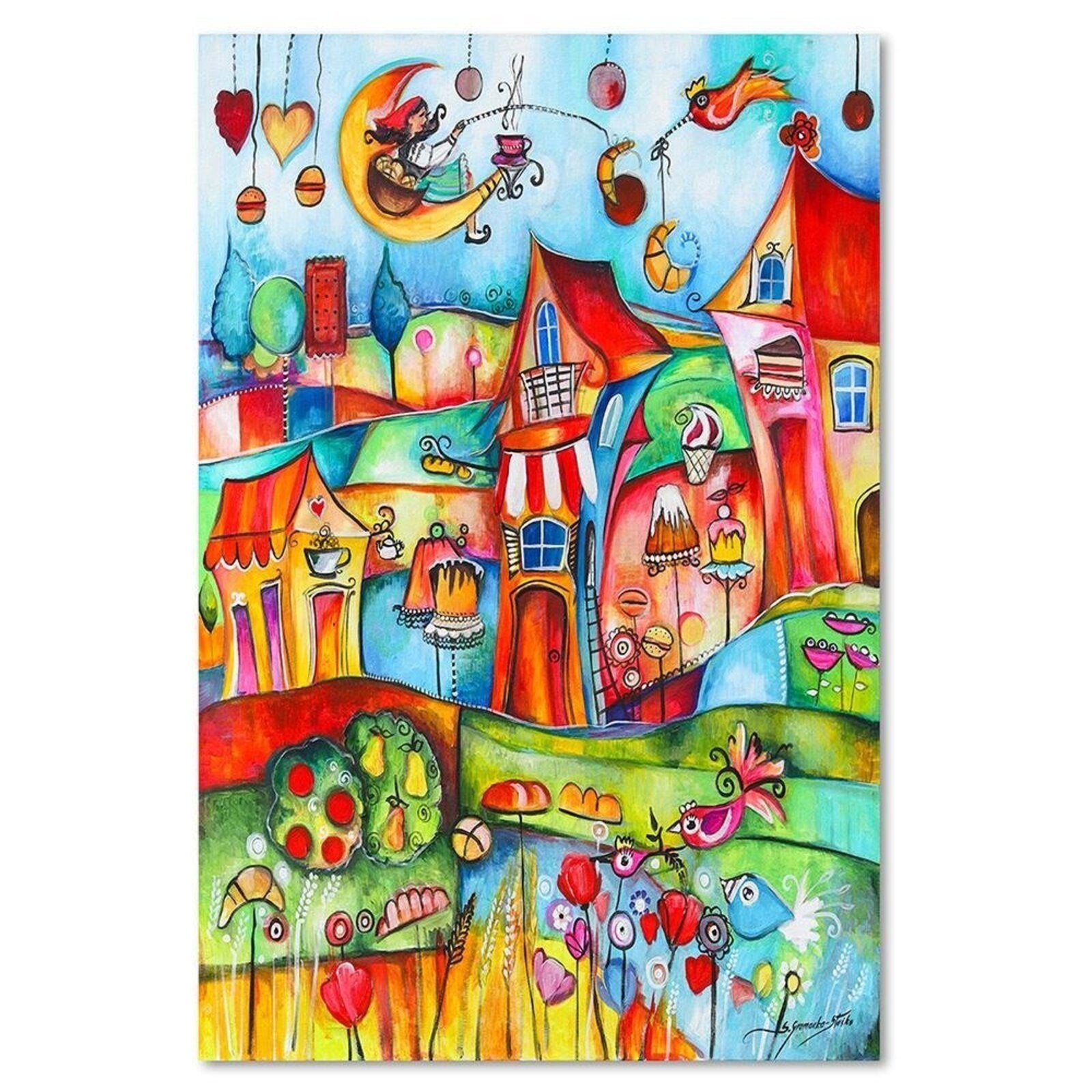 Tableau bois ville de conte de fées - 80 x 120 cm - 2