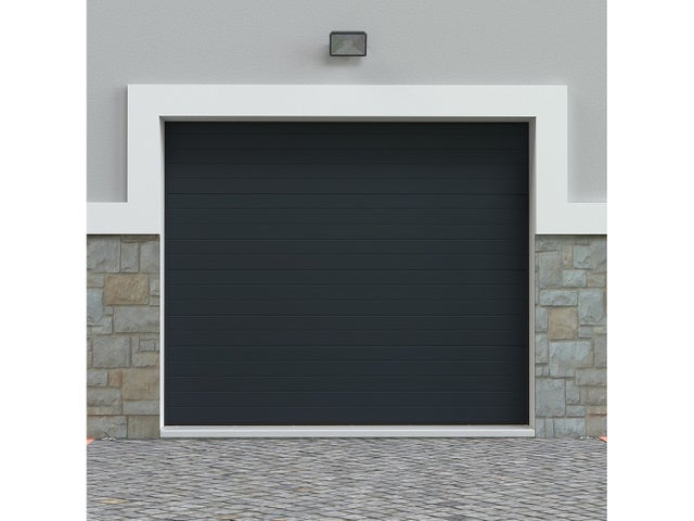 Porta de garagem seccionada efeito ranhurado antracite motorizado C254 x A218 cm - NORIA