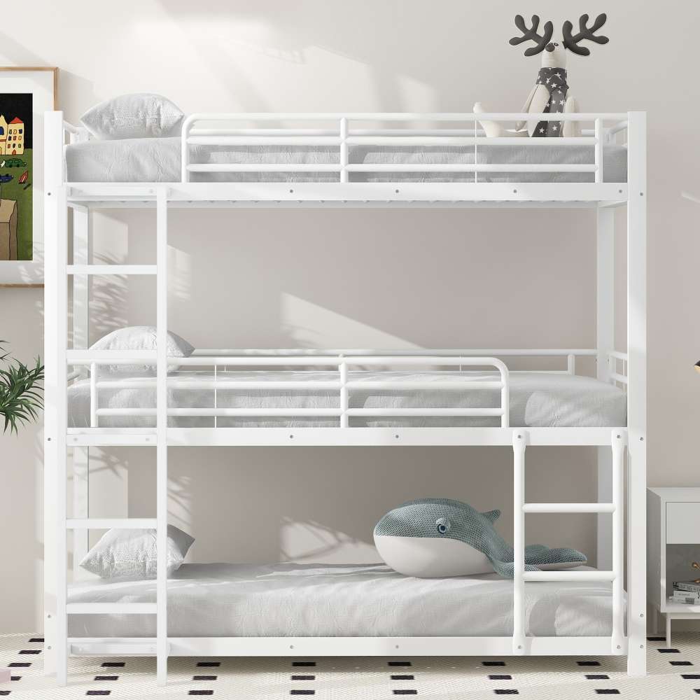 Lit Superposé Triple En Métal - 90x200 Cm (haut) Et 140x200 Cm (bas) - Avec échelle Et Rangement Intégré - Pour Chambre D'enfants Ou étudiants