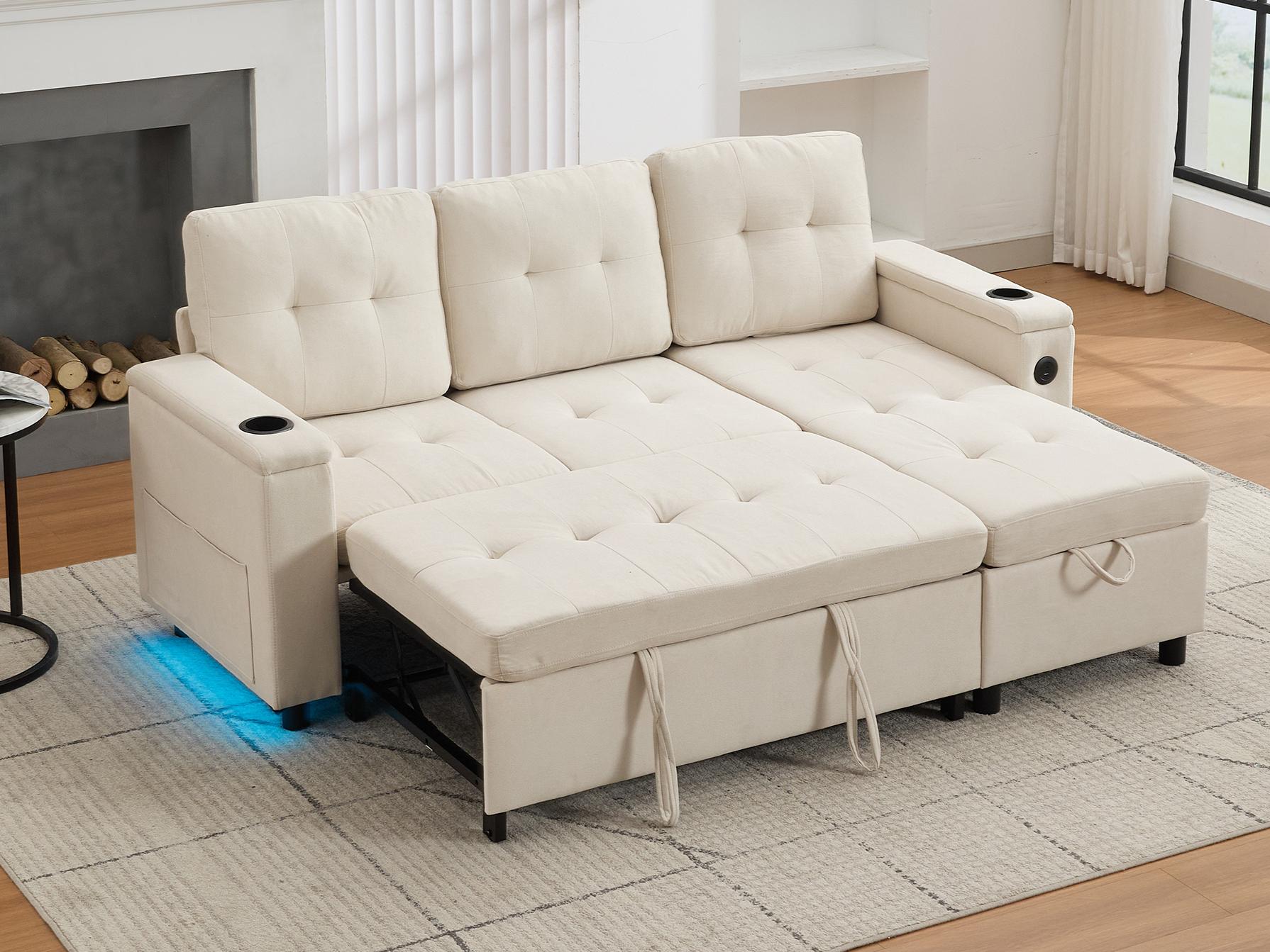 Sofa narożna 3-osobowa 208x146x89,5 cm - składana - z oświetleniem LED - z uchwytem na kubek i torbą do przechowywania - beżowa
