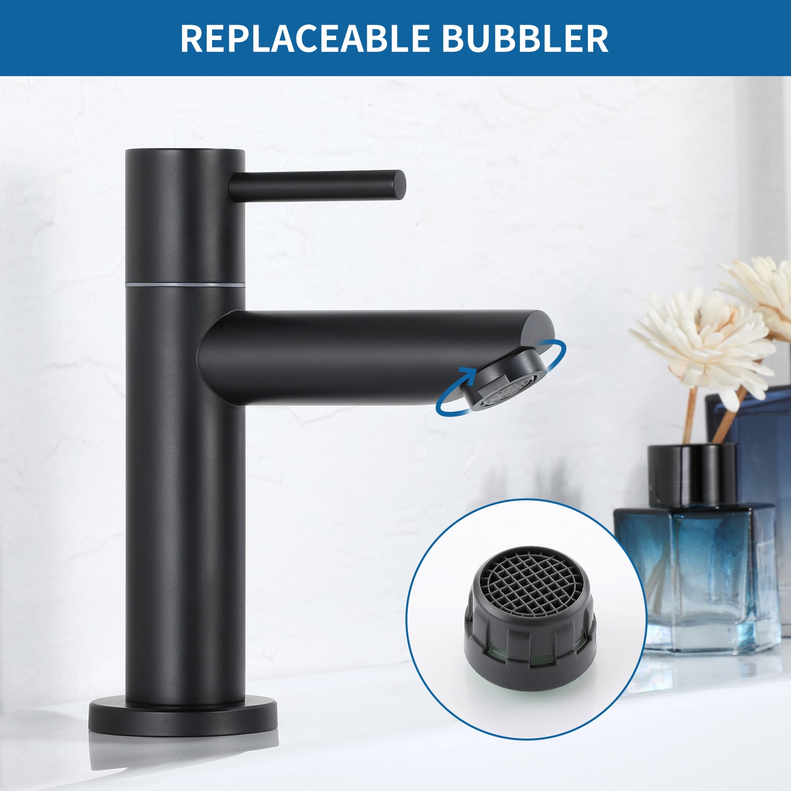 Cecipa max Robinet de lave-main Robinet de Lavabo, Robinet eau Froide, Robinet de Lavabo Noir, Avec Aérateur Remplaçable,EU Modèle - 4