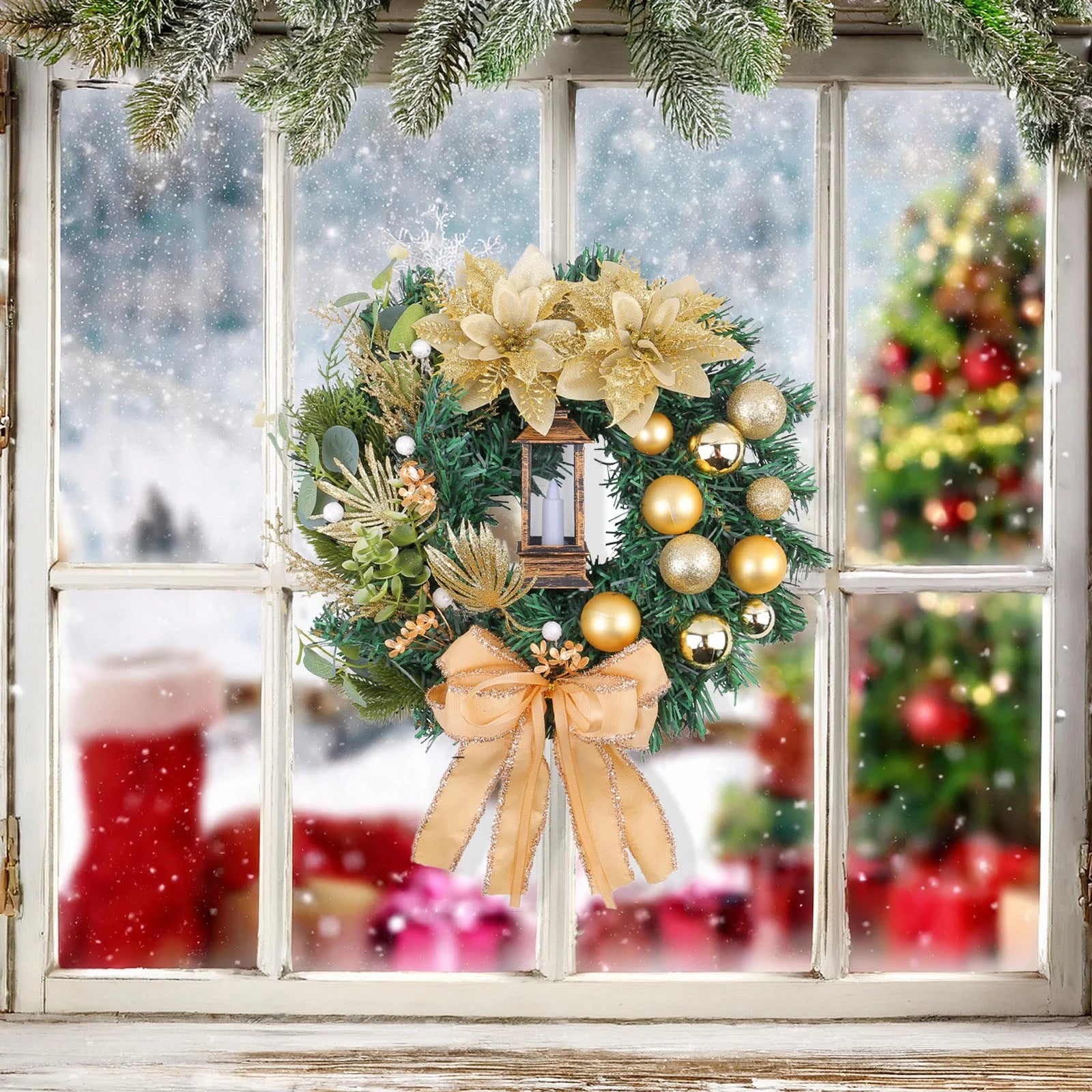 Decorazione da parete dorata per le festività invernali, ghirlanda natalizia luminosa, ideale per la porta d'ingresso, luce calda. - 4