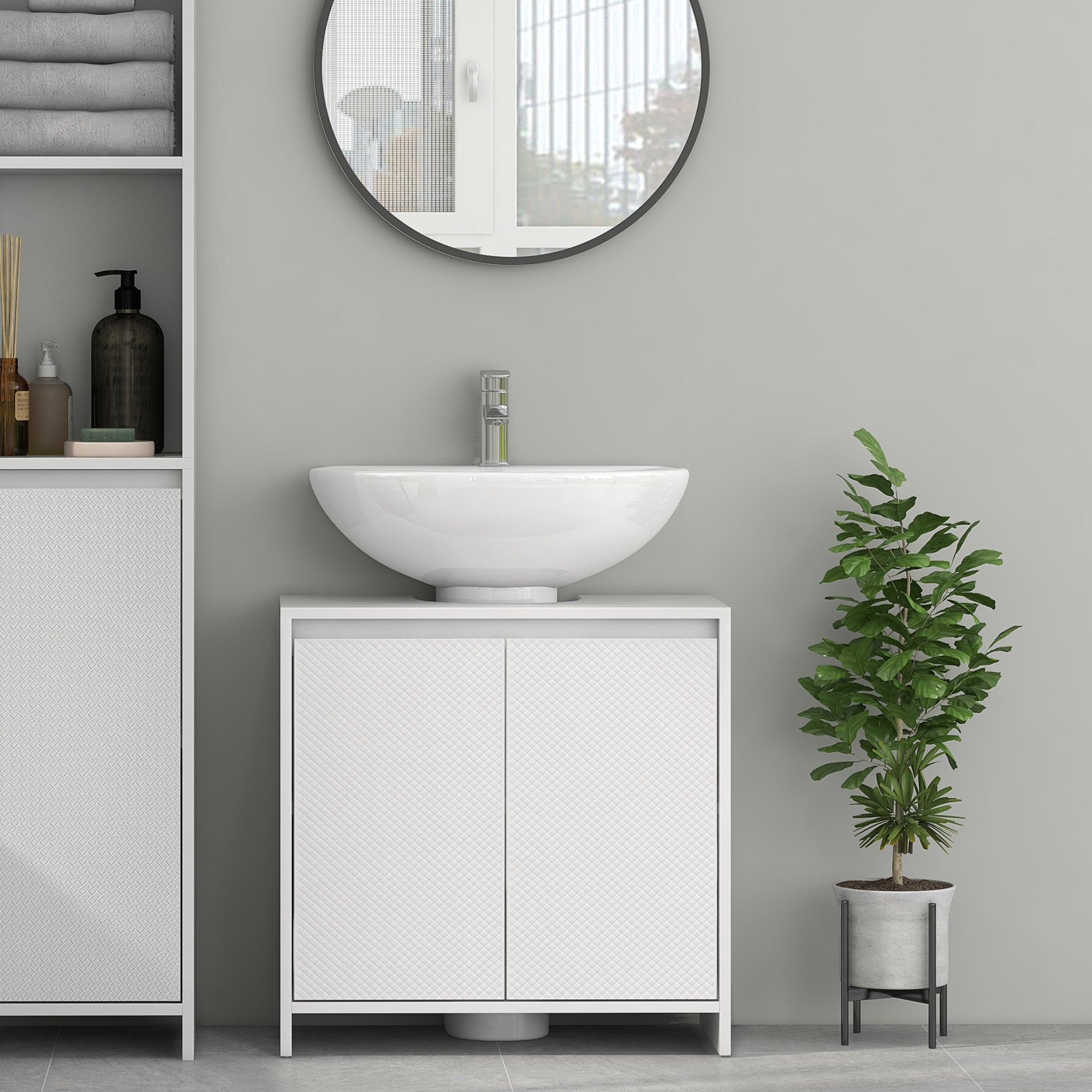 HOMCOM Mobile Sottolavabo Bagno con 2 Ante Decorate e Intaglio a U per Tubi, 60x30x60cm, Bianco - 7