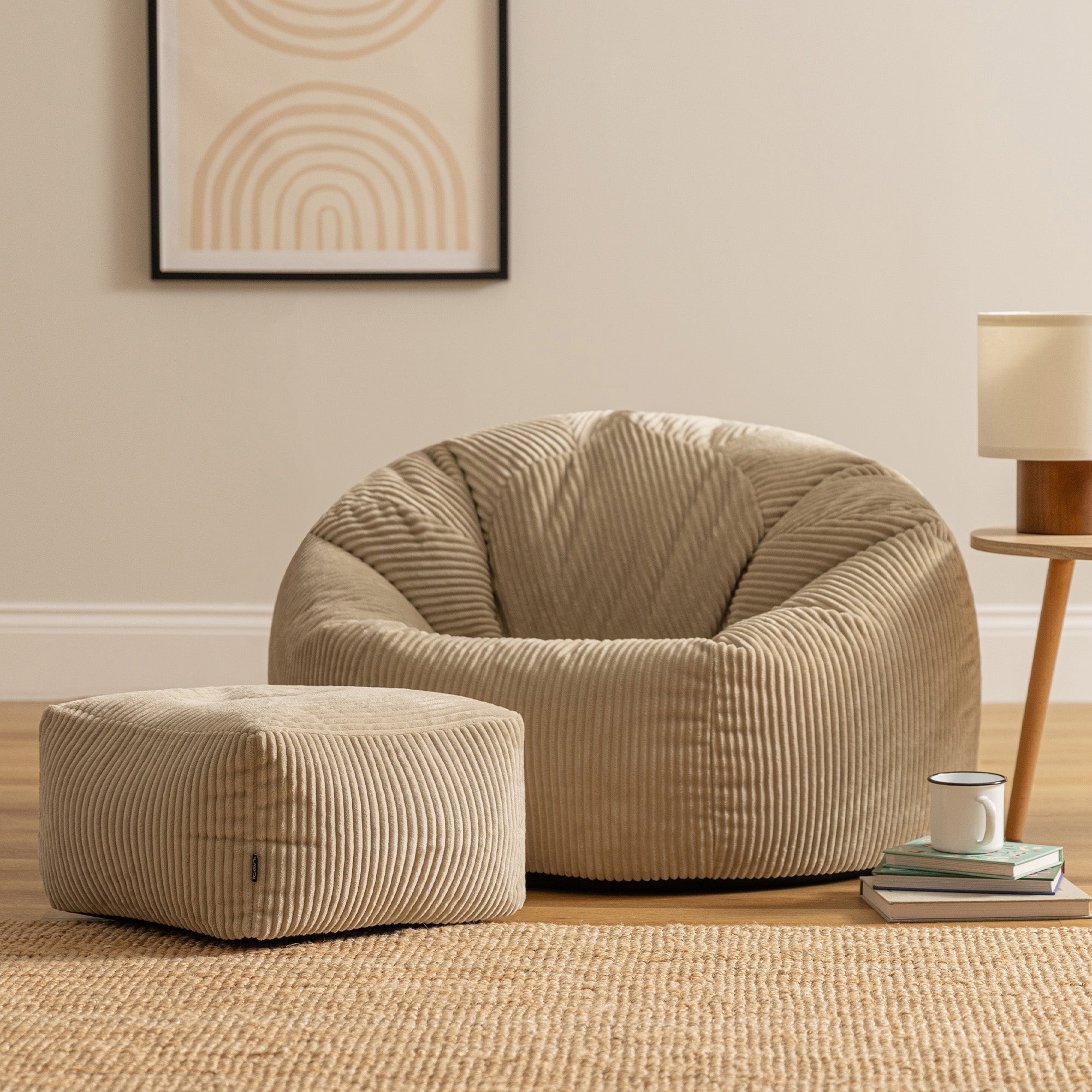 Pouf avec repose-pied Icon, salon, chambre velours côtelé beige galet, 85x85cm, Made in Allemagne, Oeko-Tex® - 2