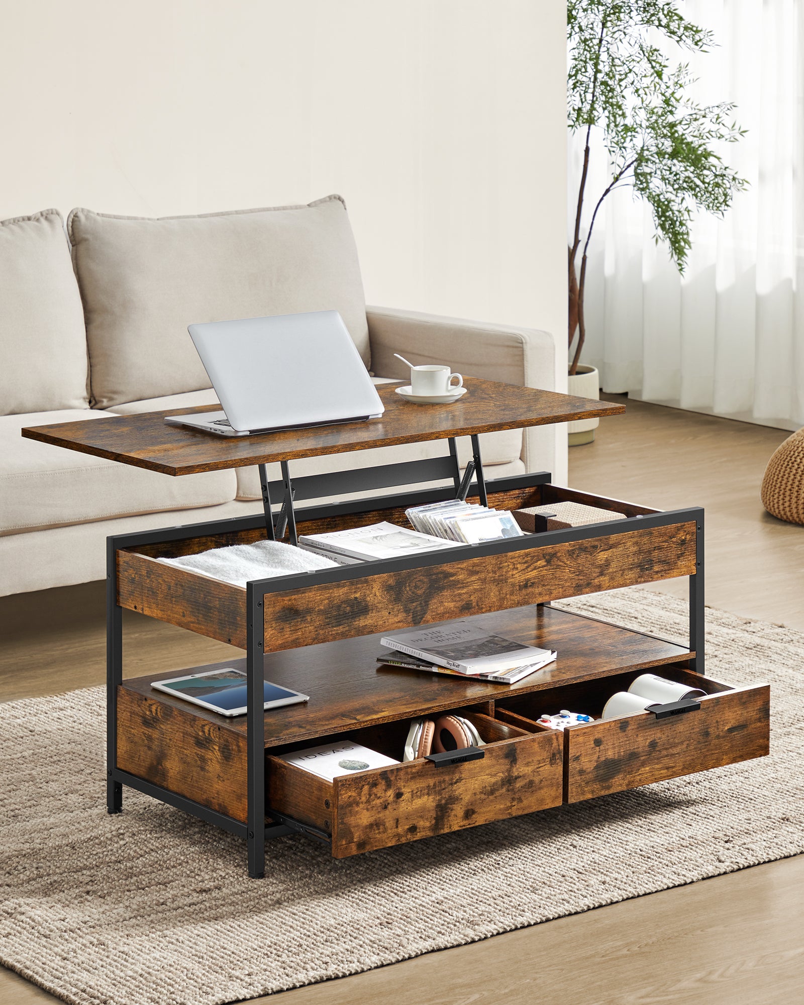 Sweetcrispy Tavolino Da Caffè Con Piano Rialzabile – Legno Marrone Con Scomparto Nascosto - 2