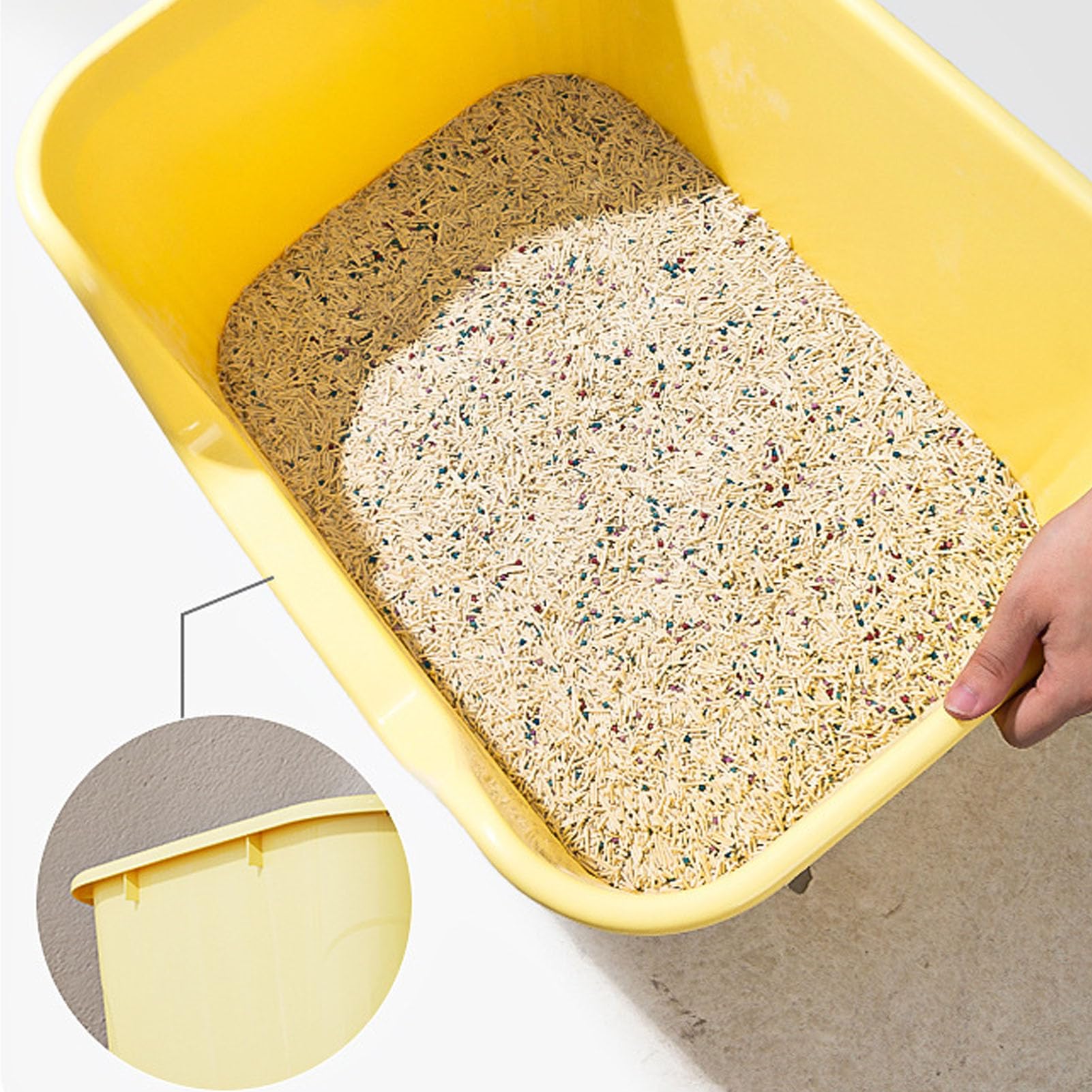 Caixa de areia para gatos grande, laterais altas, antirrespingos, fácil de limpar, aparência simples, caixa de areia para gatos grandes (amarelo) - 6
