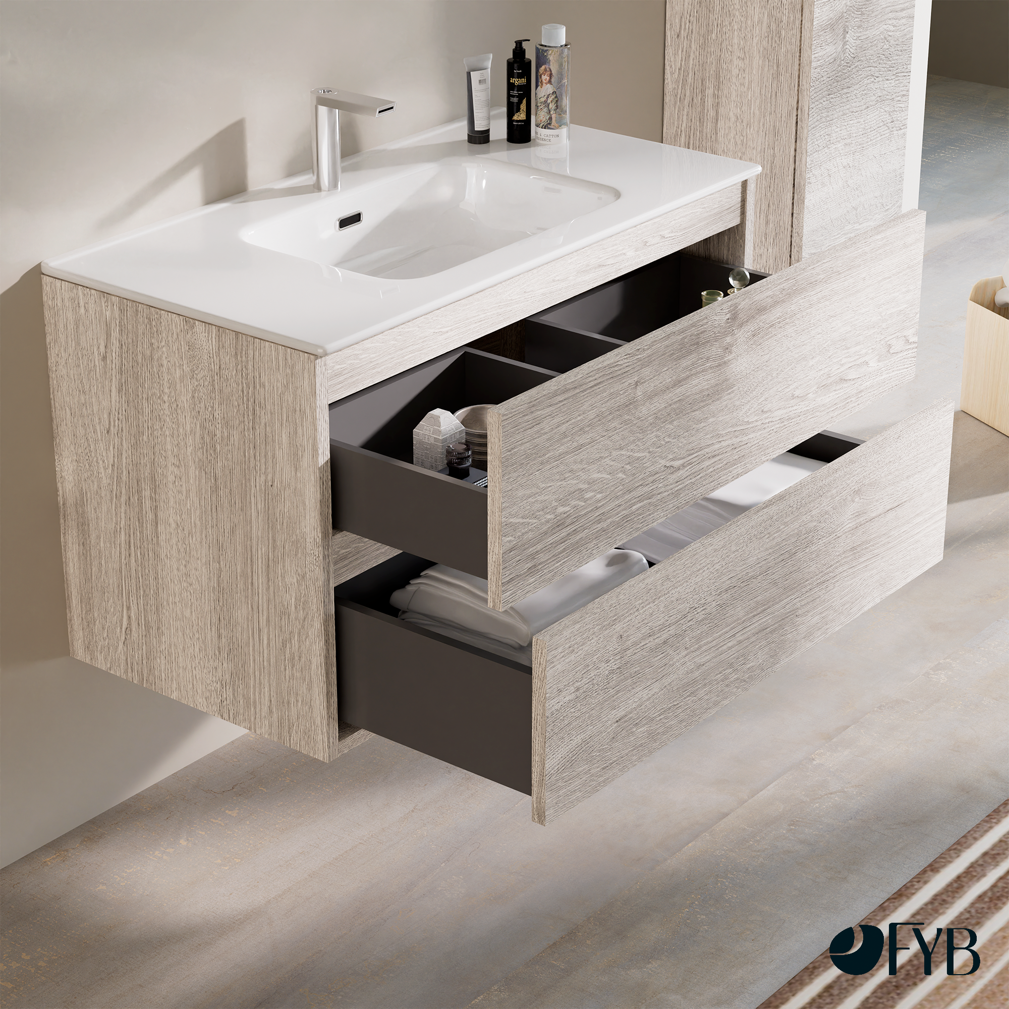 Feel Your Bath, Mueble de Baño Serie PANTER Blanco Caliza 100 cm con Encimera Integrada y Espejo Redondo LED 100 cm, 2 Cajones - 2