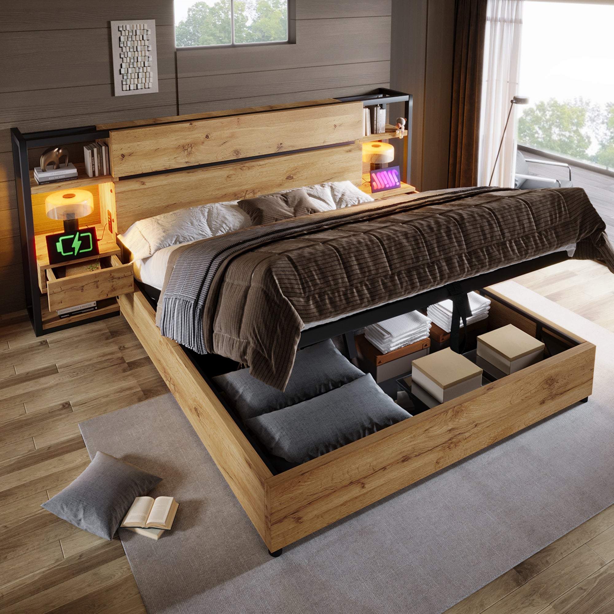 Lit 160x200 avec sommier à Lattes et hydraulique, Lit Coffre avec tiroirs et USB TypeC, Cadre de Chêne (Sans Matelas) - 2