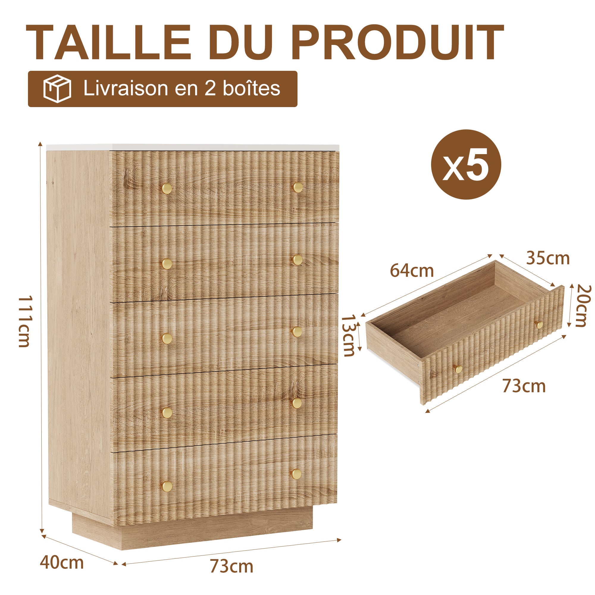 Commode 5 tiroirs - Commode Chambre Meuble de Rangement Style bohème avec Bois - table de chevet avec LED - 40 x 73 x 111 cm - Bois Naturel - 3