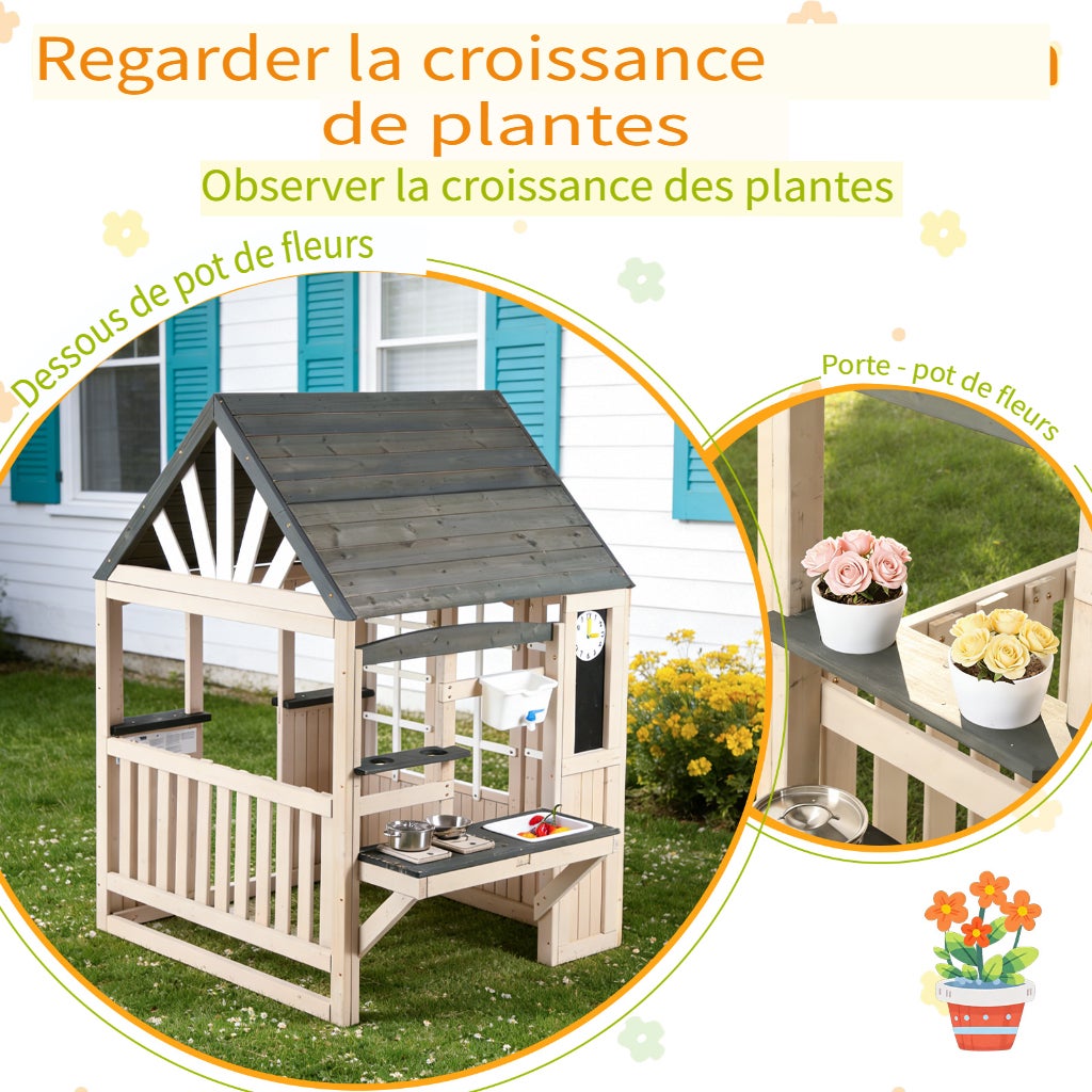 Cabane enfant extérieur en bois, maison enfant extérieur avec robinet fonctionnel, toit anti-pluie et accessoires complets pour 3 ans - beige - 6