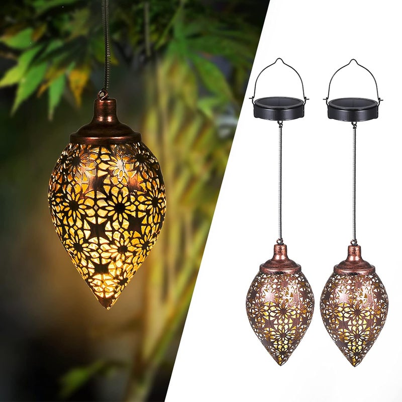 Zestaw 2 metalowych solarnych latarni ogrodowych na zewnątrz, z IP44, wodoodporne, ciepłe białe światło, LED, orientalne lampy solarne na zewnątrz