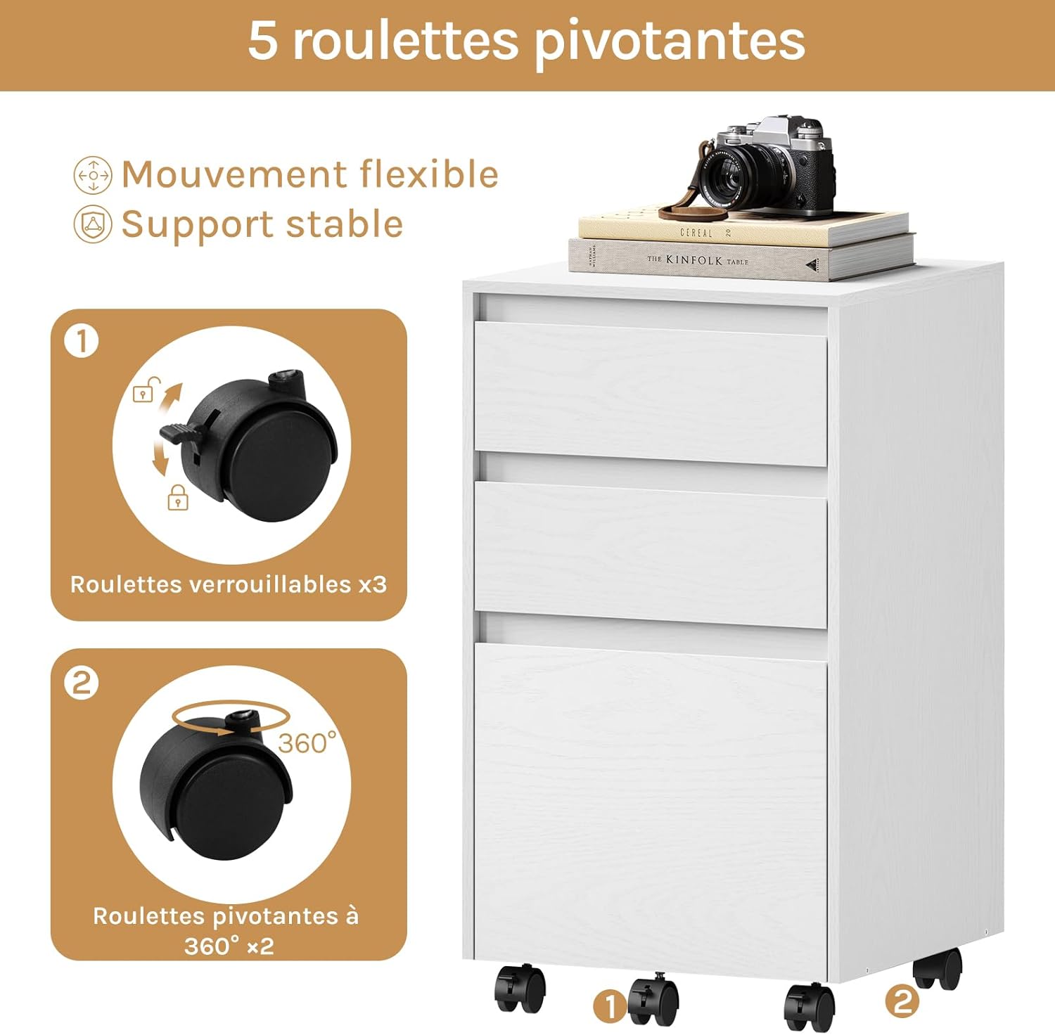 Caisson Bureau Mobile WOLTU, Meuble Rangement Bureau sur roulettes, avec 3 Tiroirs, Blanc, 40x40x70cm - 5