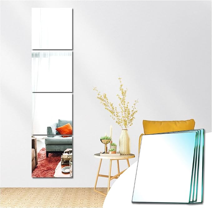 Miroir Mural Autocollant Verre Rectangle Décoratif Auto-Adhésif Miroir Décor À La Maison Chambre Salon Porte (Normal Givré, 20x20cm, 4 Pièces) - 5