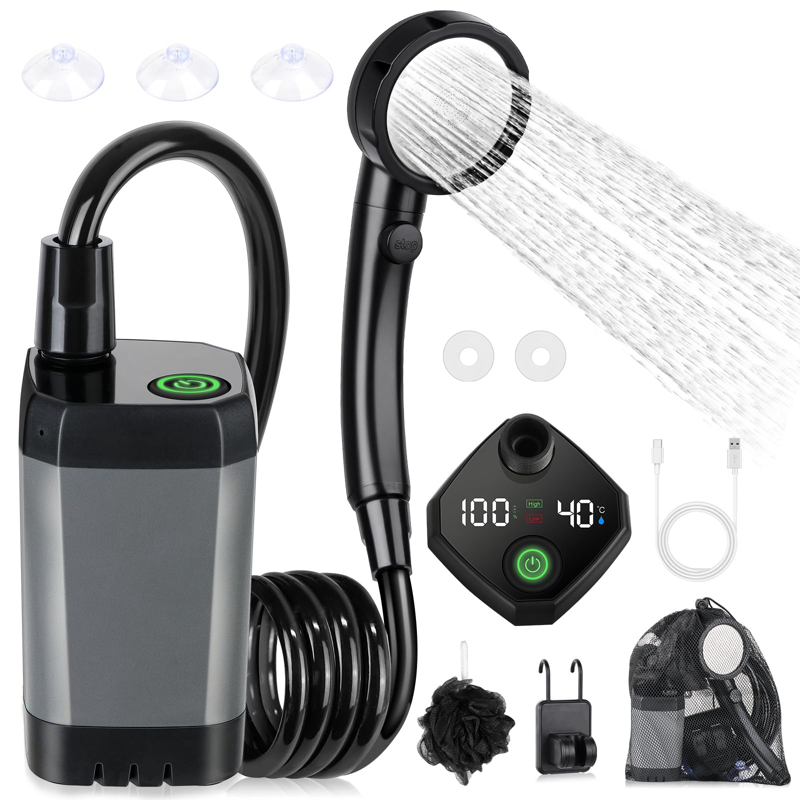 Doccia Portatile Da Campeggio Con Pompa – Batteria 2200mAh, Display LED, IPX7, 3 Modalità, Per Viaggi E Outdoor