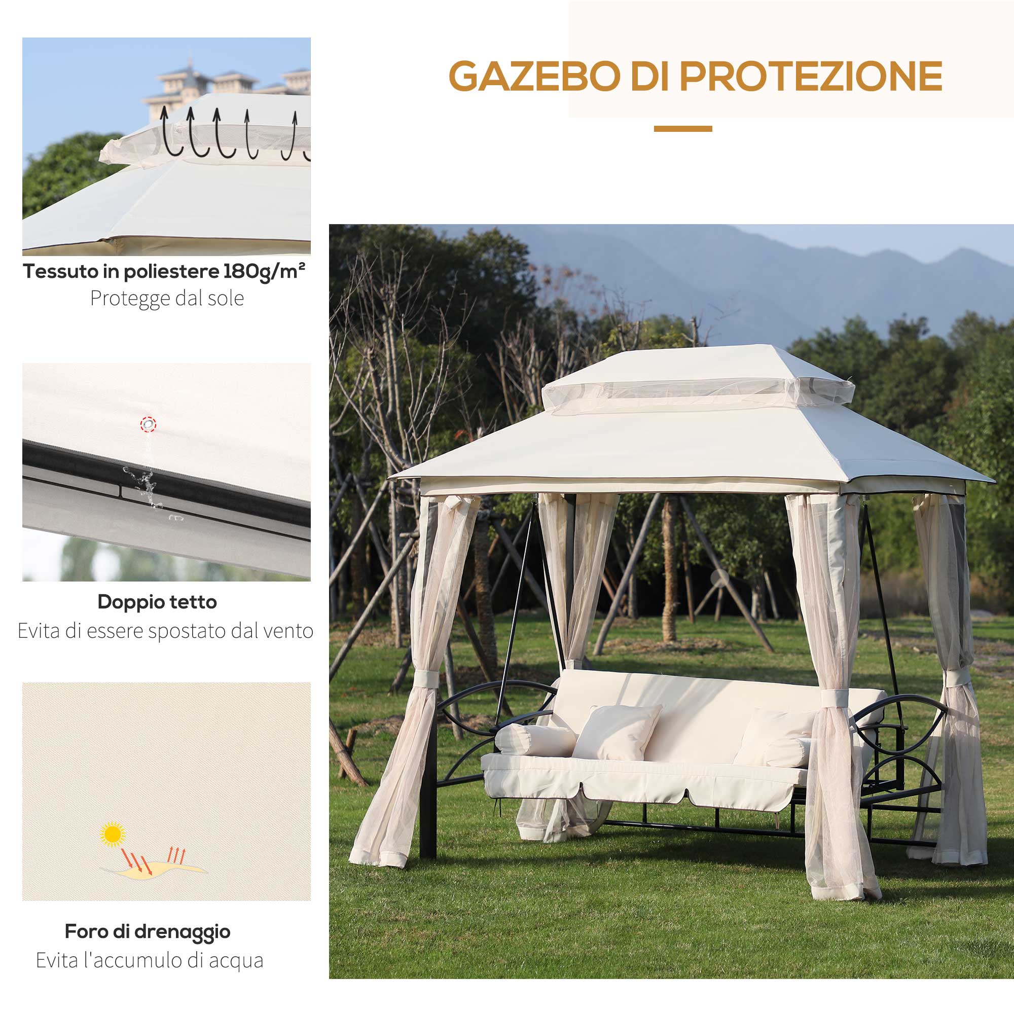 Outsunny Mini Gazebo Con Divano Letto A Dondolo Zanzariera Doppio Tetto Cuscini Imbottiti Da Giardino Acciaio 256 X 172 X 248 Cm - 6