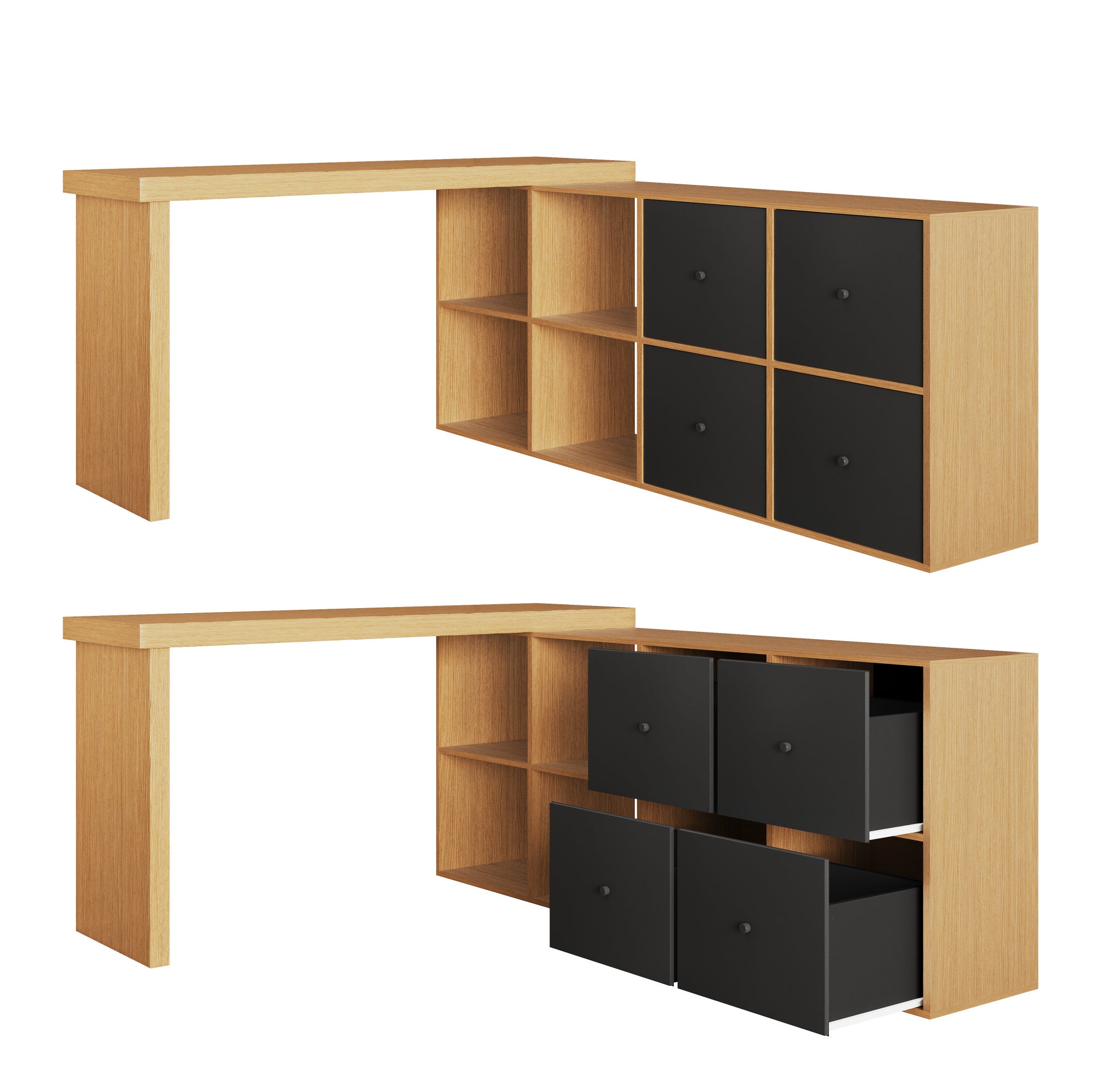Bureau d’angle pivotant 360° en MDF noir et décor chêne, avec 4 tiroirs ...