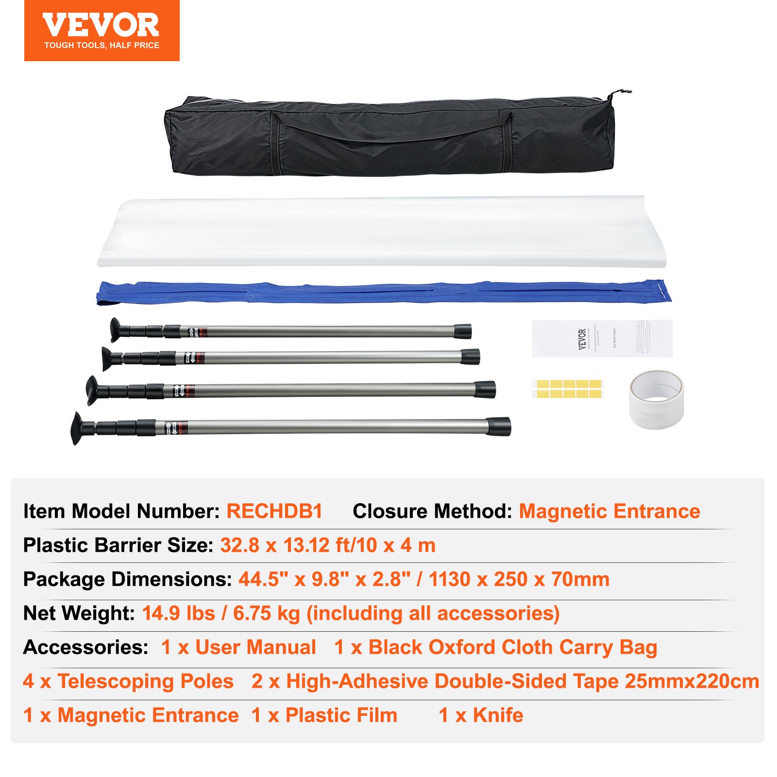 Kit Barrière Anti-Poussière VEVOR 10x4m avec Perches Télescopiques 0,9-3m Écran Anti-Poussière avec Fermeture Éclair Magnétique Sac pour Rénovation - 7