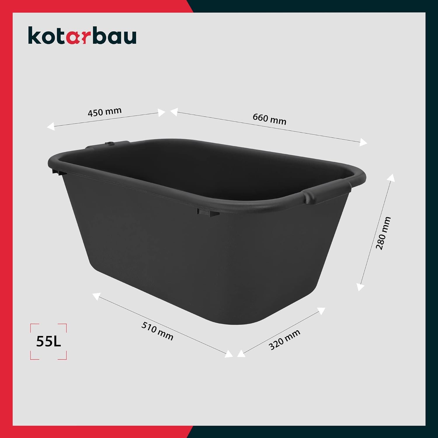 Auge de Maçon - Seau Plastique - 55 L - 66x45x28 cm - Bac À Mortier - Rectangulaire - Noir KOTARBAU - 3