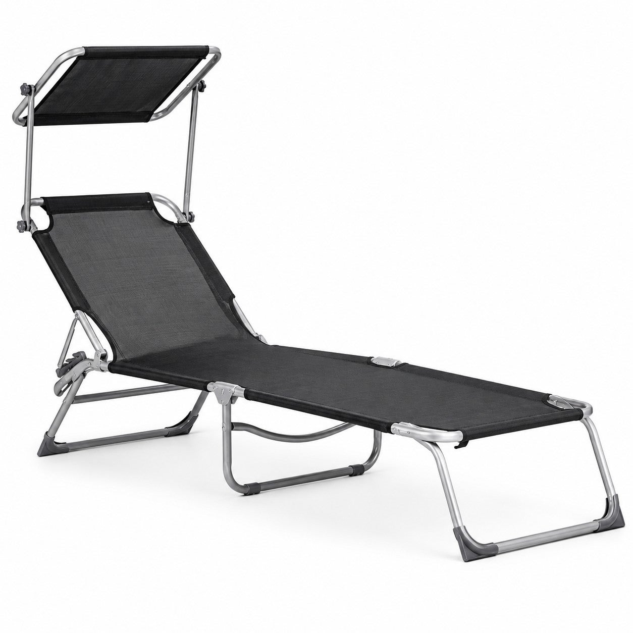 Sezlong pliabil cu parasolar, spatar reglabil, 178x57 cm, 150 kg, negru