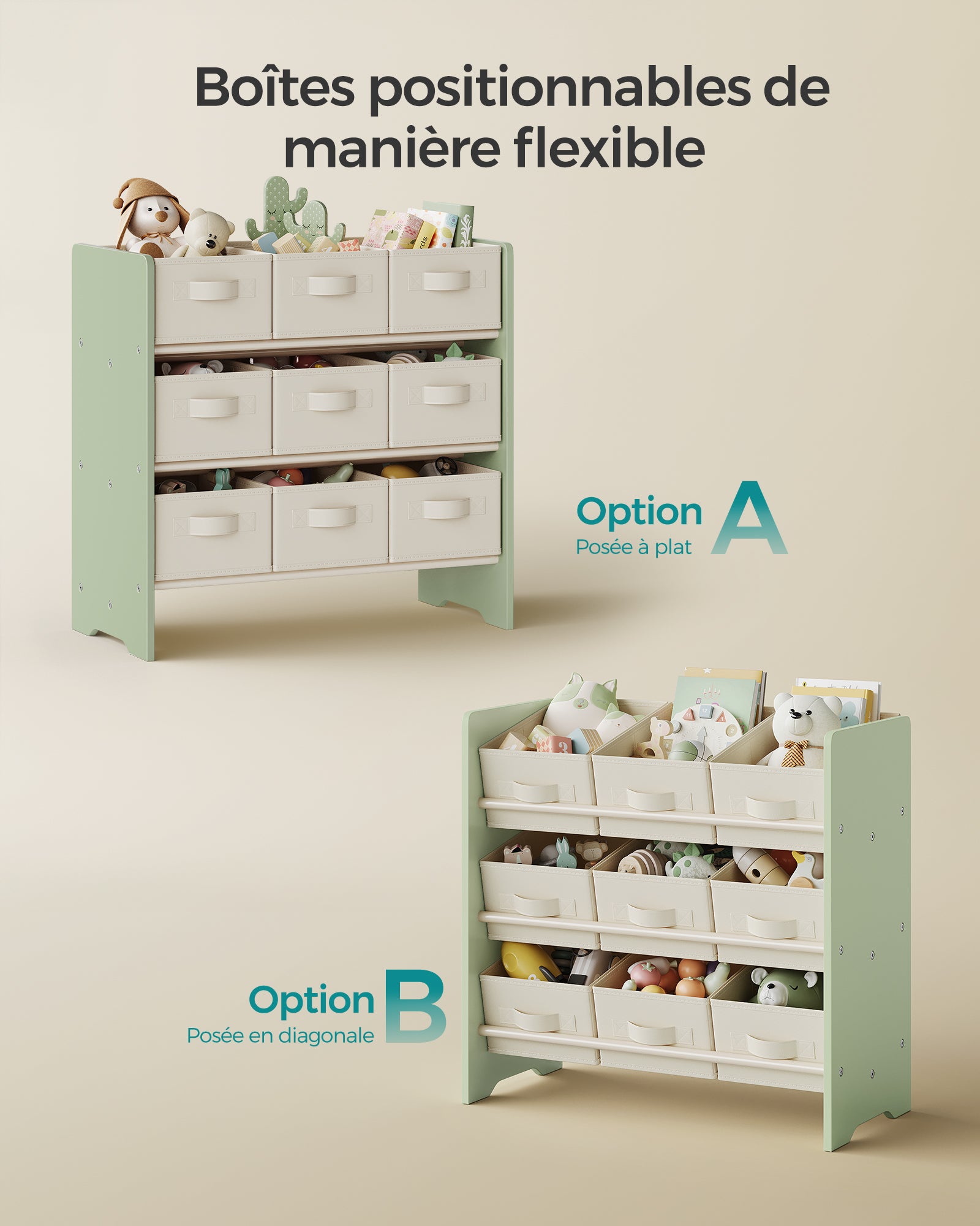 Étagère à Jouets pour Enfants, 9 Boîtes de Rangement en Tissu Non-tissé, Spacieuse, 29,5 x 62,5 x 60 cm, Vert Laurier - 6