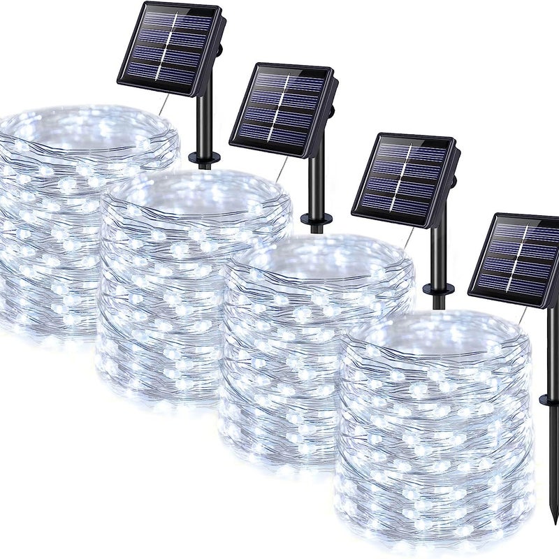 Zestaw 4 solarnych lampek sznurkowych, 150 LED, 15 m, 8 trybów, solarne lampki Fairy Tale, wodoodporne, dekoracja świąteczna (Białe)