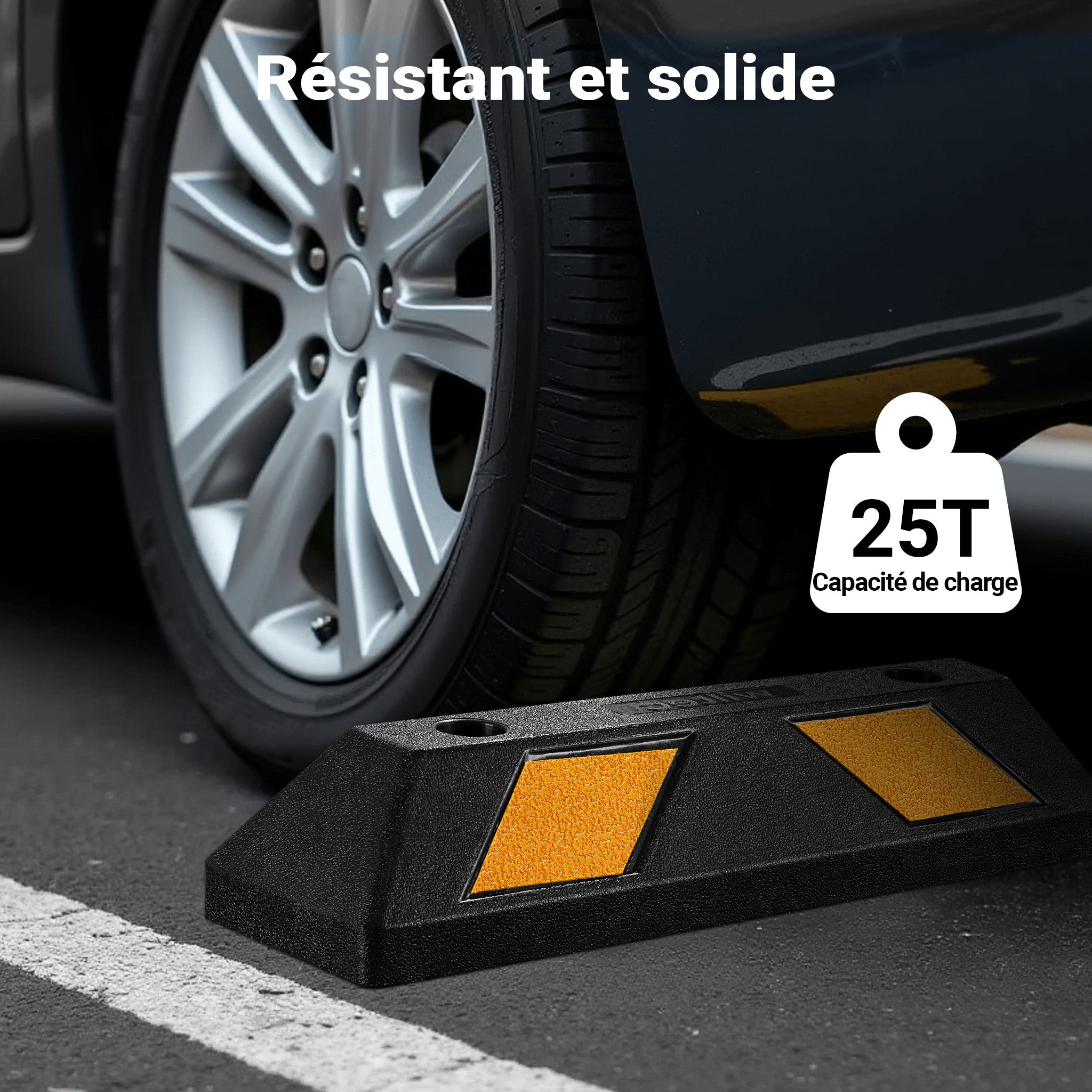 Wiltec Delimitatore di parcheggio, 2 battiruota in gomma 550x150x100mm con fasce rifrangenti, Fermaruota - 5