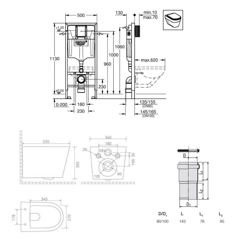 Pack WC bâti-support Rapid SL + WC suspendu sans bride Ceramia + plaque noire mat (RSLCETORKF0) - 5