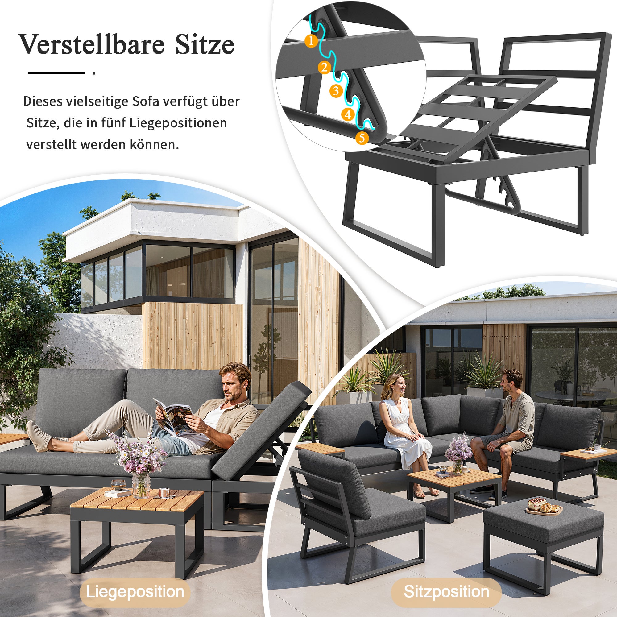 Salon de jardin en fer forgé pour 7 personnes, canapé de jardin en forme L, mobilier pour balcon et terrasse, ensemble de 5 pièces, avec coussins gris - 8