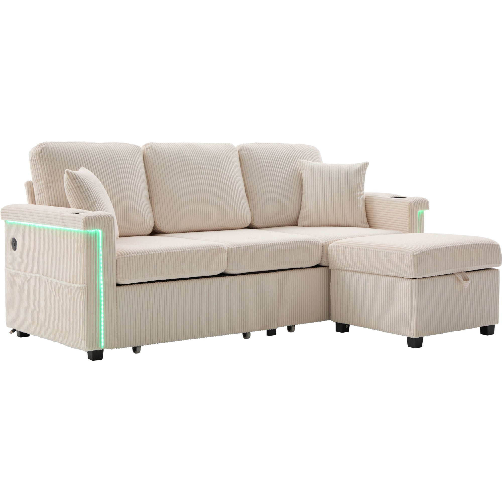 Canapé velours premium beige - Éclairage LED + port USB-C - Repose-pieds rangement + porte-gobelets - Salon/bureau - 7