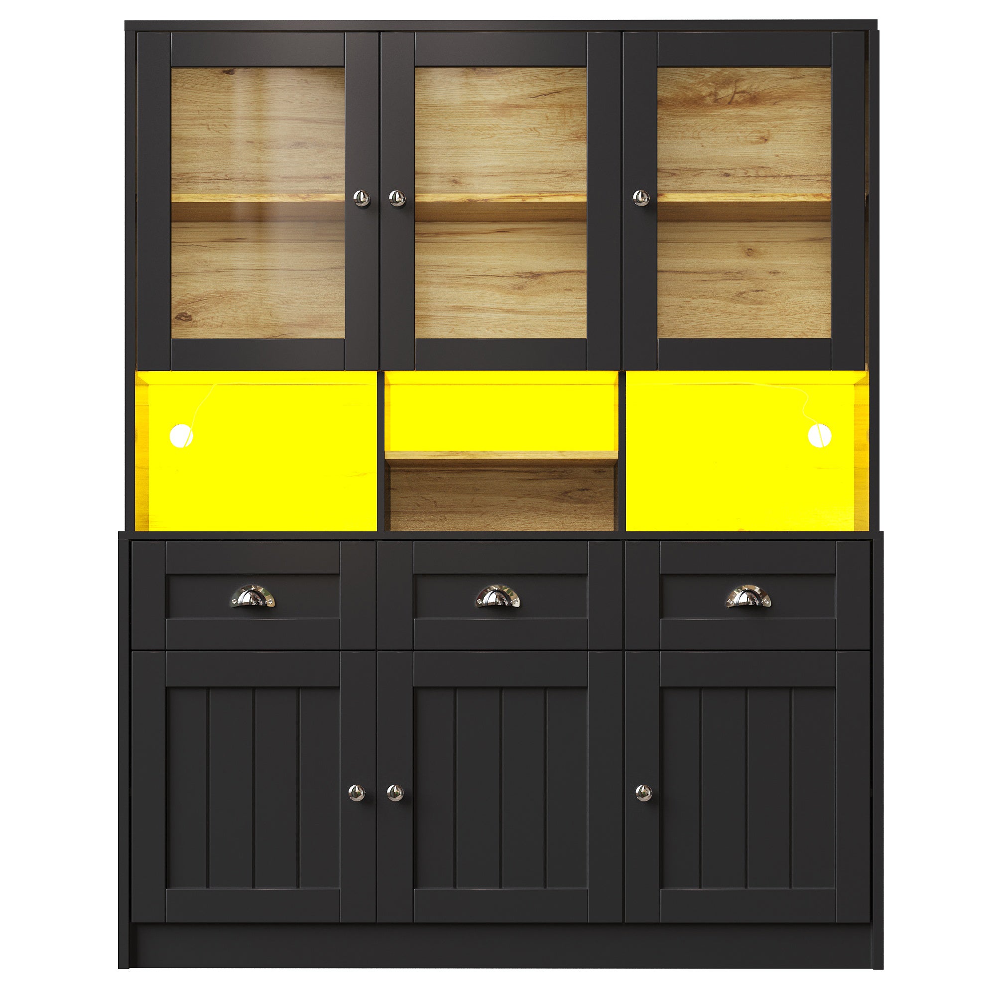 Buffet de cuisine avec 6 portes et 3 tiroirs, vitrine - 140 x 40 x 175 cm - LEDs - MDF - Noir - 6