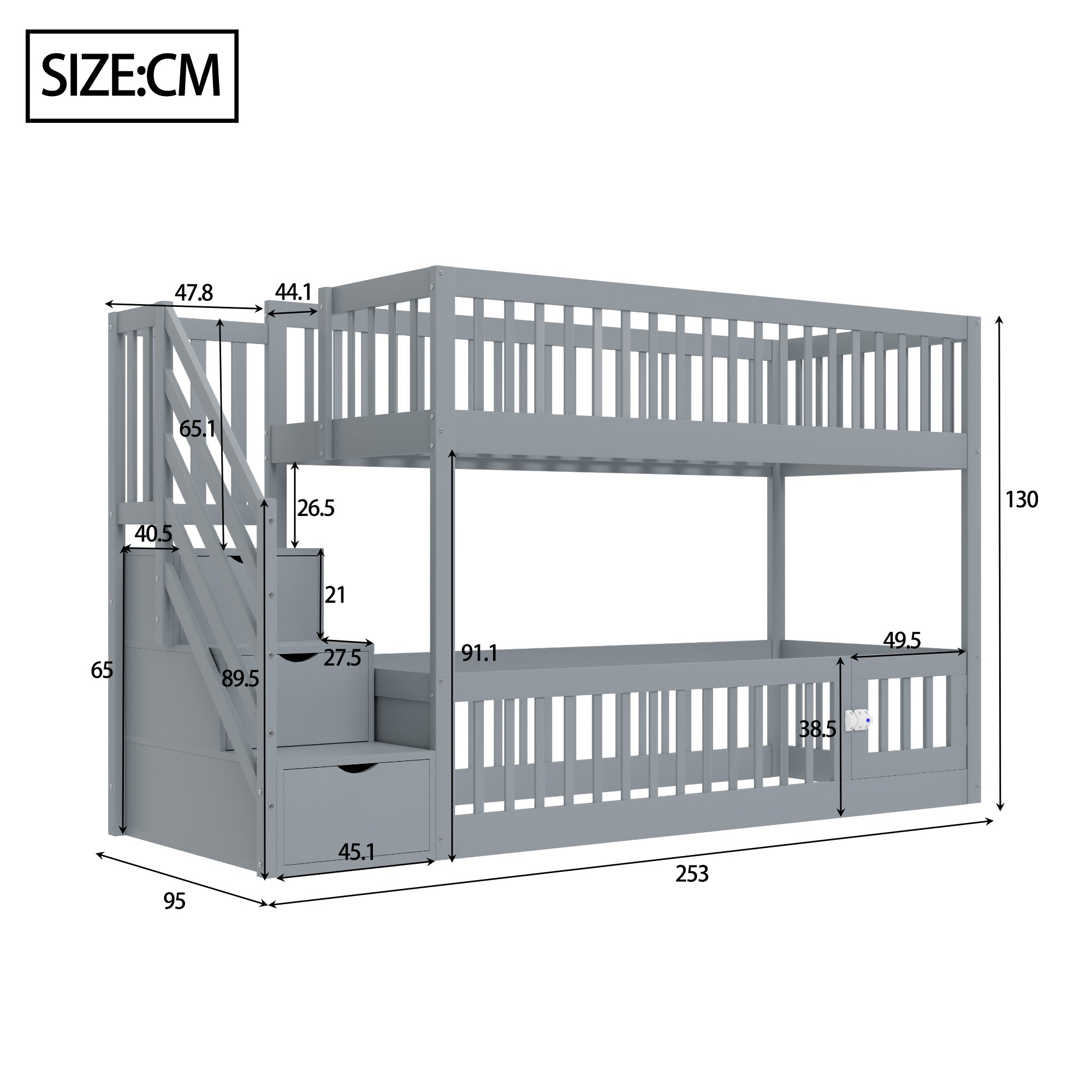 Lit superposé 90x200cm - avec escalier de sécurité - avec 3 tiroirs - Gris (matelas non inclus) - 3