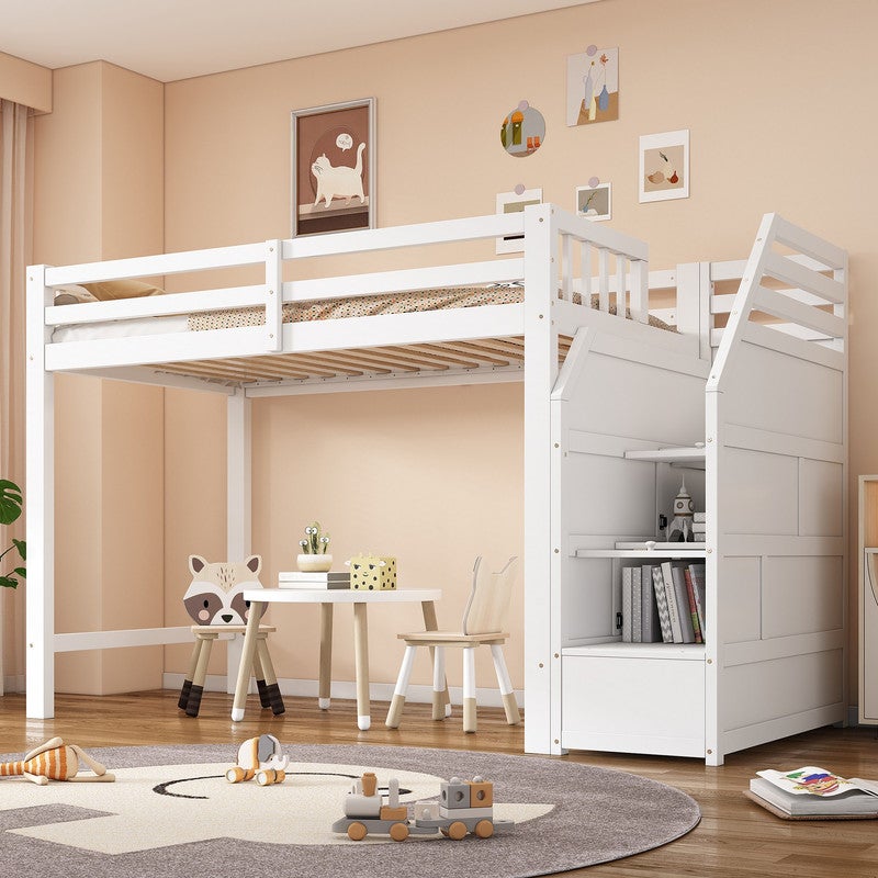 Lit mezzanine 90x200,Multifonctionnel Lit Superposé Enfant avec Escaliers de Rangement et Barrière,Lit Hauteur en bois ,Blanc - 2
