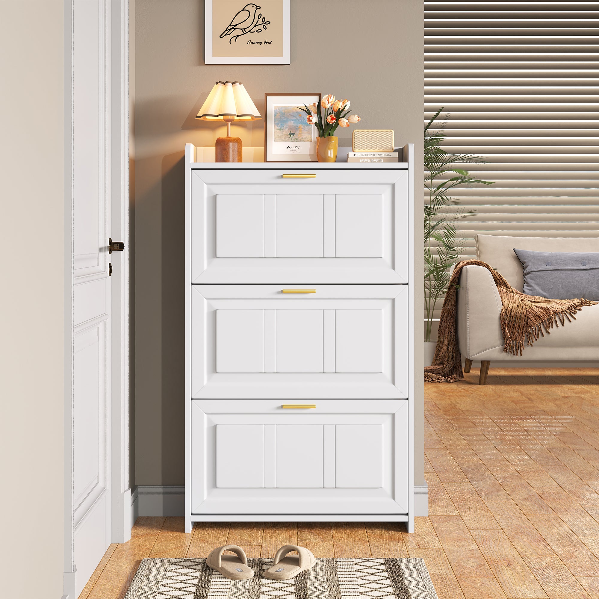 Meuble à chaussures avec 3 portes rabattables - 70 x 24 x 120 cm - MDF et panneaux de particules - Blanc - 3