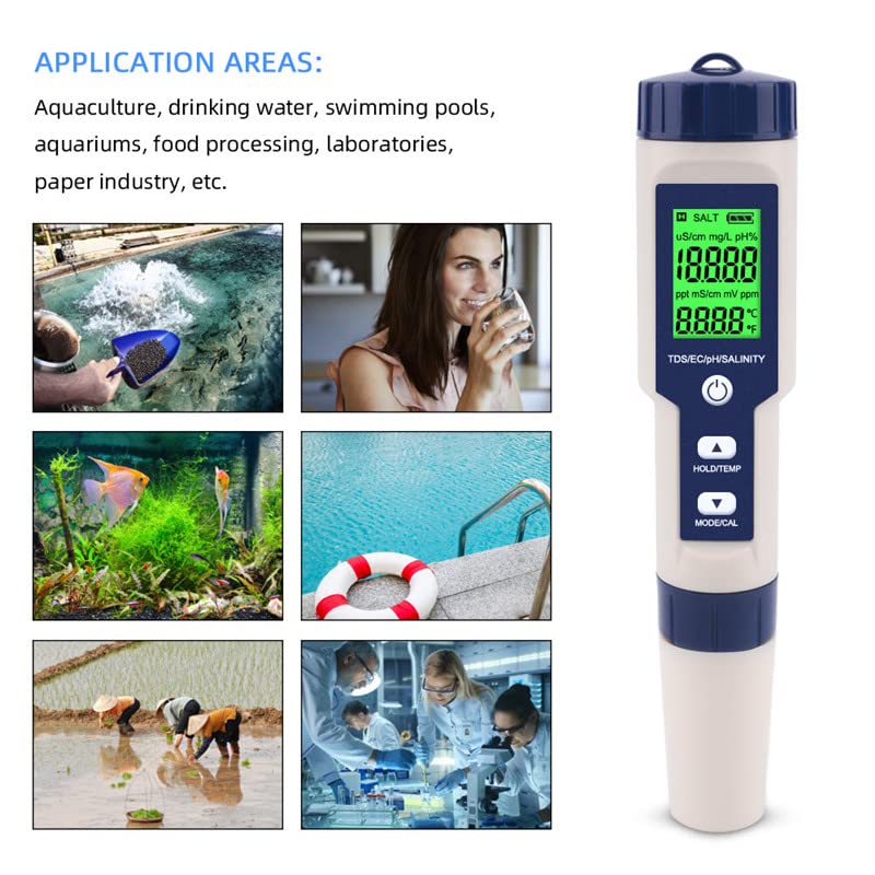 pH-mètre pour l'eau, pH/TDS/EC/salinité/thermomètre 5 en 1 avec écran LCD, pH-mètre,compensation automatique de la température - 4
