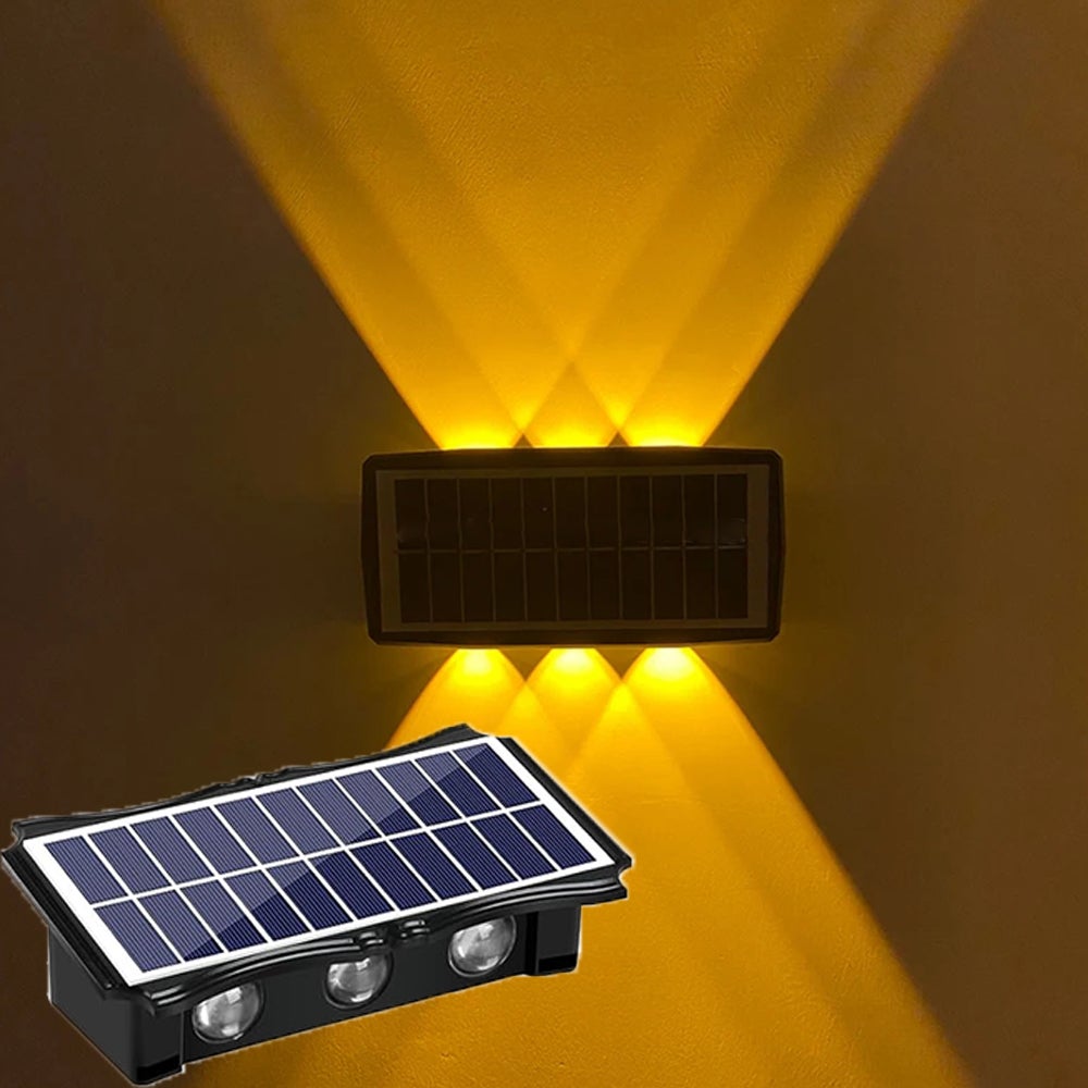 1 sztuka zewnętrznej lampy LED solarnej, oświetlenie górne i dolne, zewnętrzny, wodoszczelny kinkiet solarny IP65, ciepłe światło do ogrodzenia