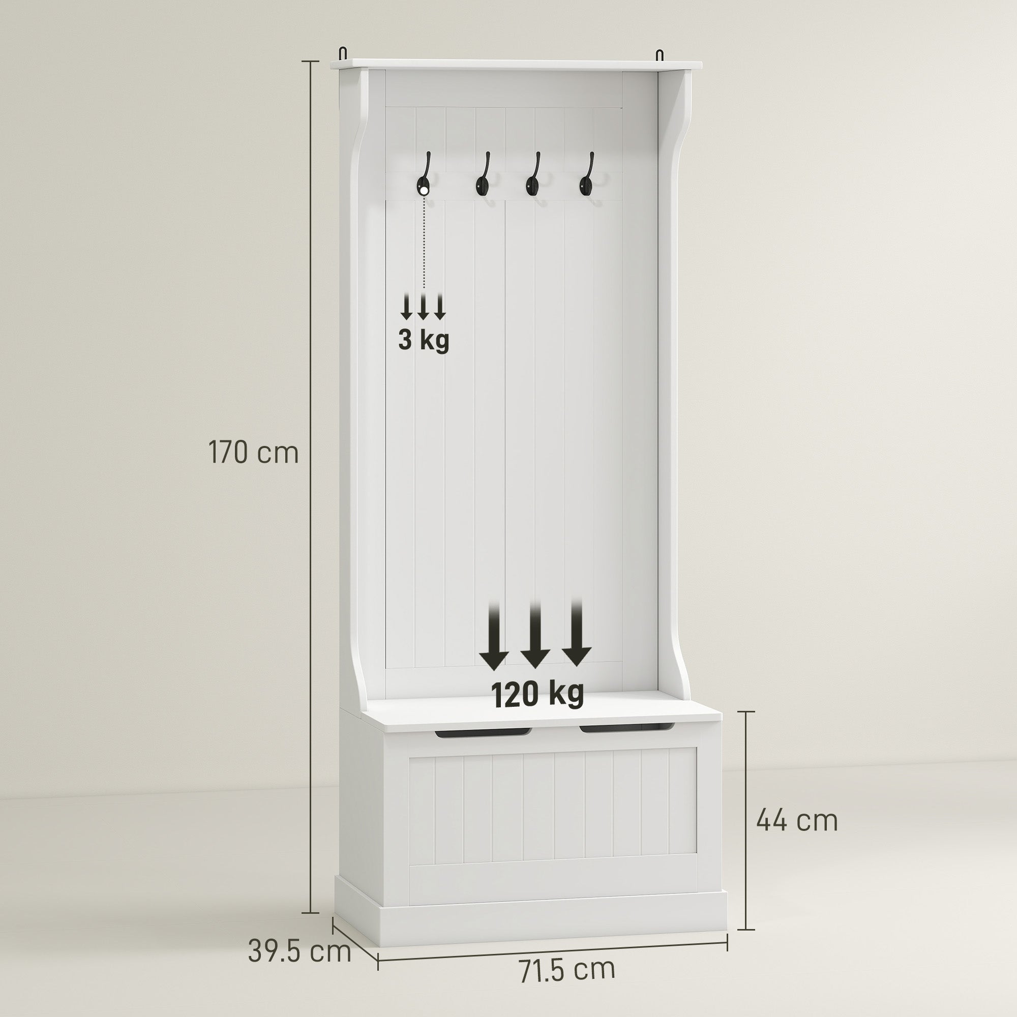 HOMCOM Appendiabiti Con Panca Contenitore In Mdf, Per Casa E Ingresso, Max.100kg - 71.5 X 39.5 X 170cm, Bianco - 3