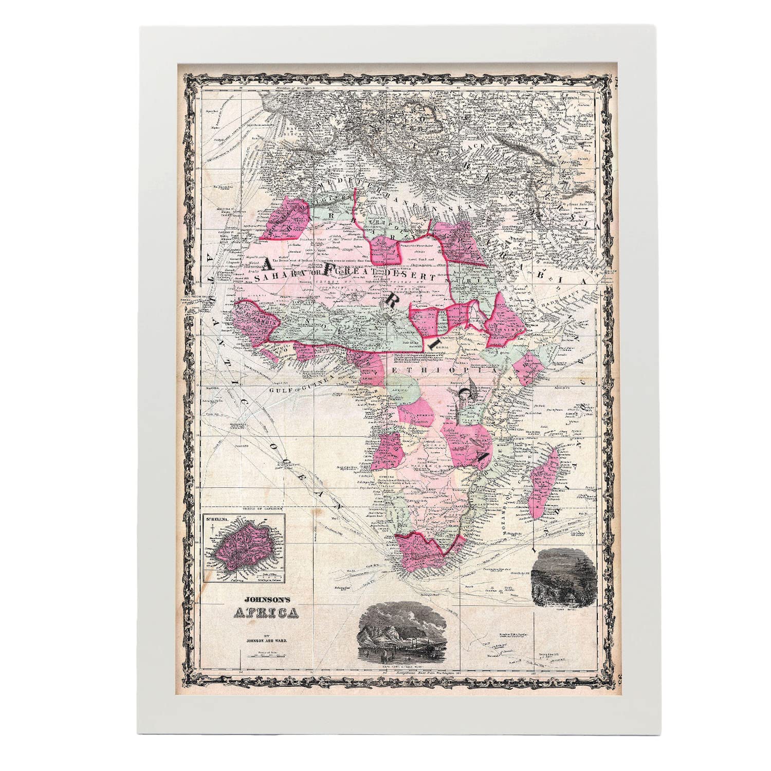 Nacnic pósters geográficos en estilo vintage mapa de áfrica de 1862 ilustraciones de antiguos mapamundis en tonos sepia tamaño a3, con marco blanco