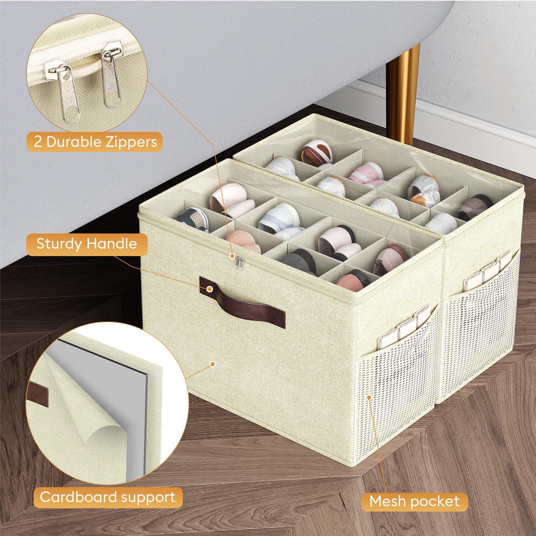 BEXTCOK 2 bacs de rangement pour chaussures, bacs pliables à compartiments avec couvercle, bacs de rangement anti-poussière pour sous le lit - 9