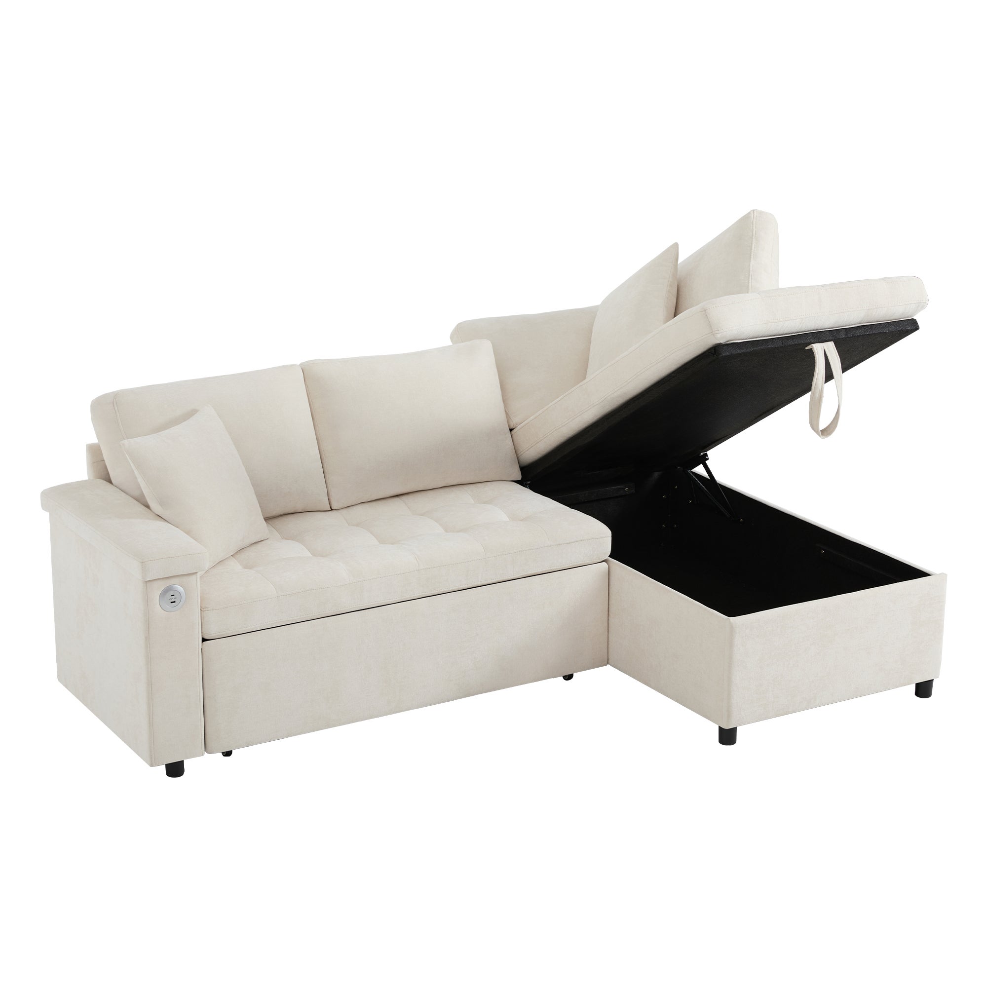 Canapé d'Angle Convertible avec Coffre , Canapé,Lit Moderne 2 à 3 Places avec Port USB, Tissu Chenille Beige - 9