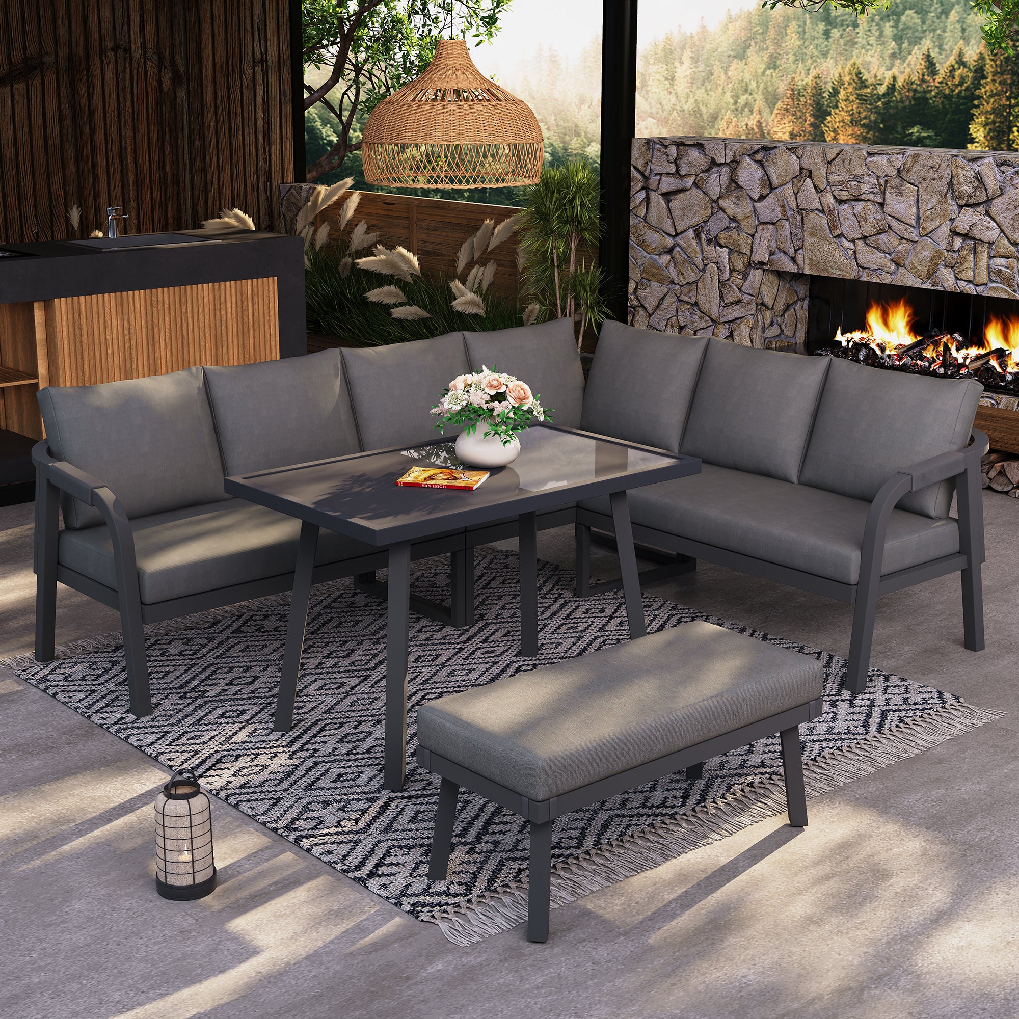 Conjunto de jardín XL de 8 plazas - Conjunto de comedor esquinero con mesa alta y banco - Acabado en cuerda trenzada - Gris - 4