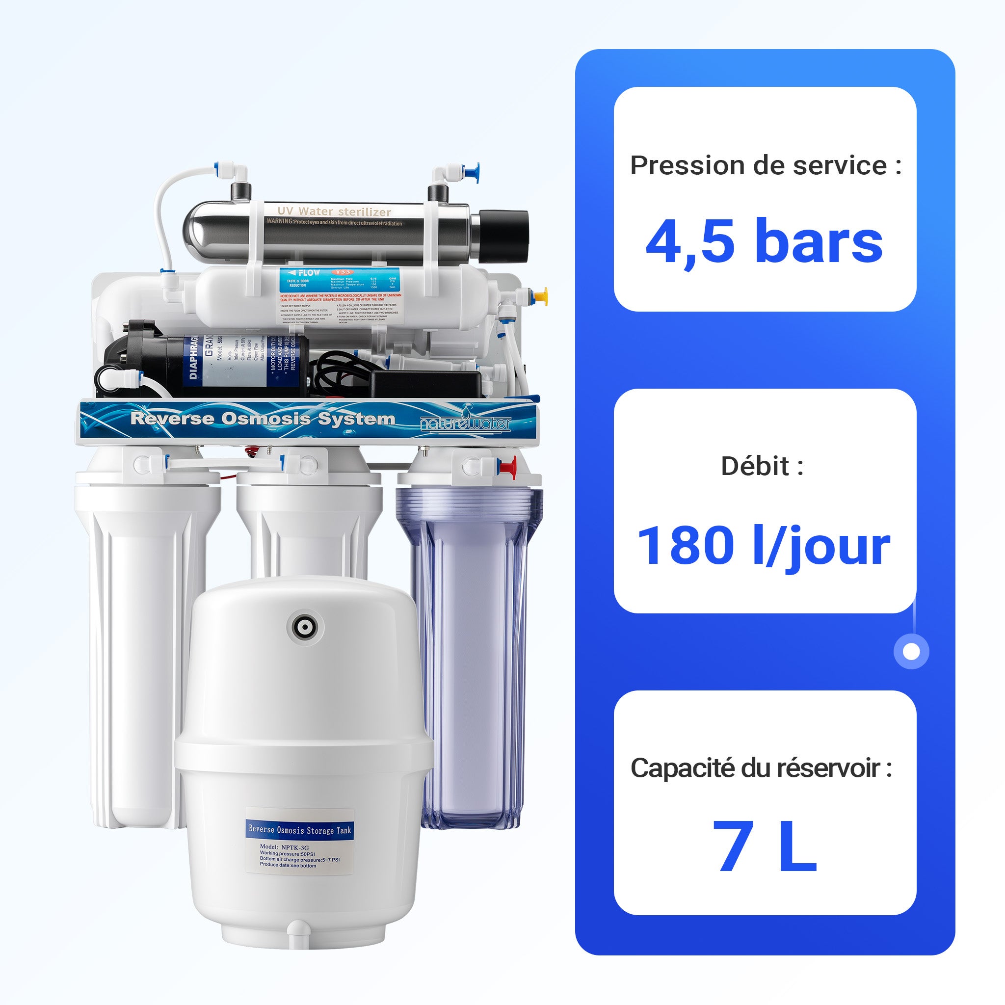 Système osmose inverse 6 étapes (RO) – 510 x 380 x 185 mm – 180 l/jour – avec lumière UV et pompe de surpression – Filtre charbon… Naturewater - 7