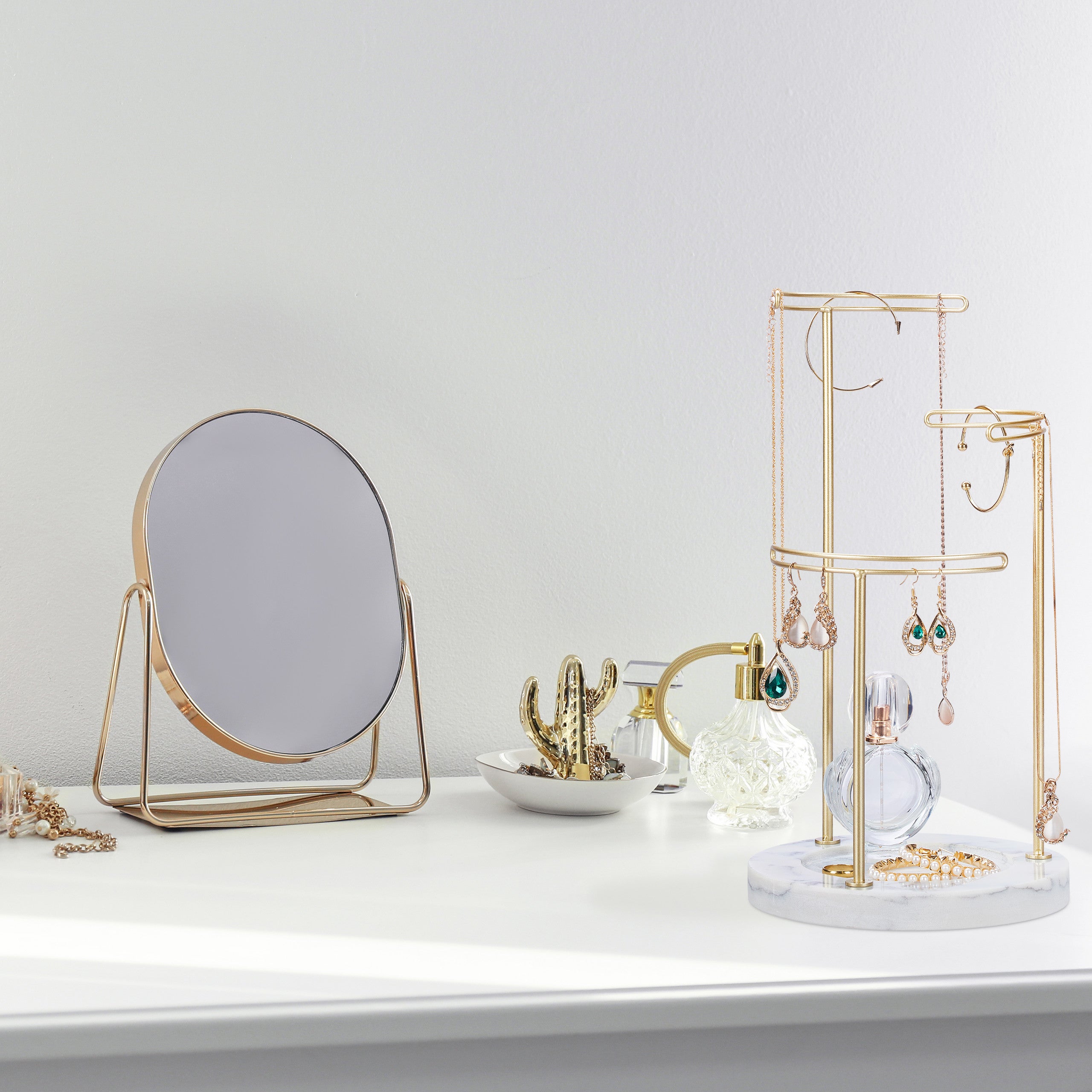 Présentoir à bijoux, rangement en marbre, colliers, boucles d’oreilles, 3 bras en métal, HxD 35x18 cm, doré, Relaxdays - 2