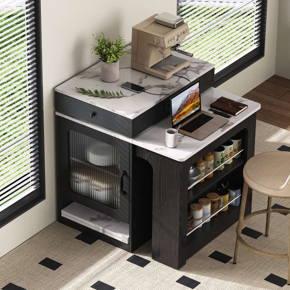 Îlot de cuisine avec roulettes et table extensible – Design marbré, prise intégrée, buffet multifonction pour cuisine et salle à manger - 4