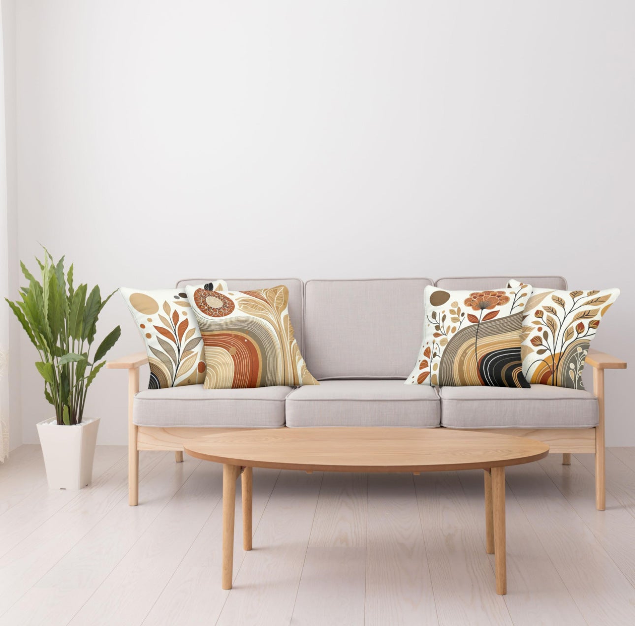Lot de 4 housses de coussin, bohème abstrait, décoration botanique, taie d'oreiller carrée en lin, décoration d'intérieur 45×45 cm - 4