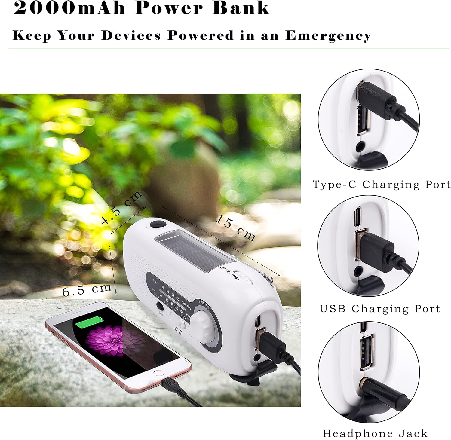 Radio AM/FM solar, manivela, cargador de teléfono, ideal para camping y emergencias, compacto y portátil. - 3